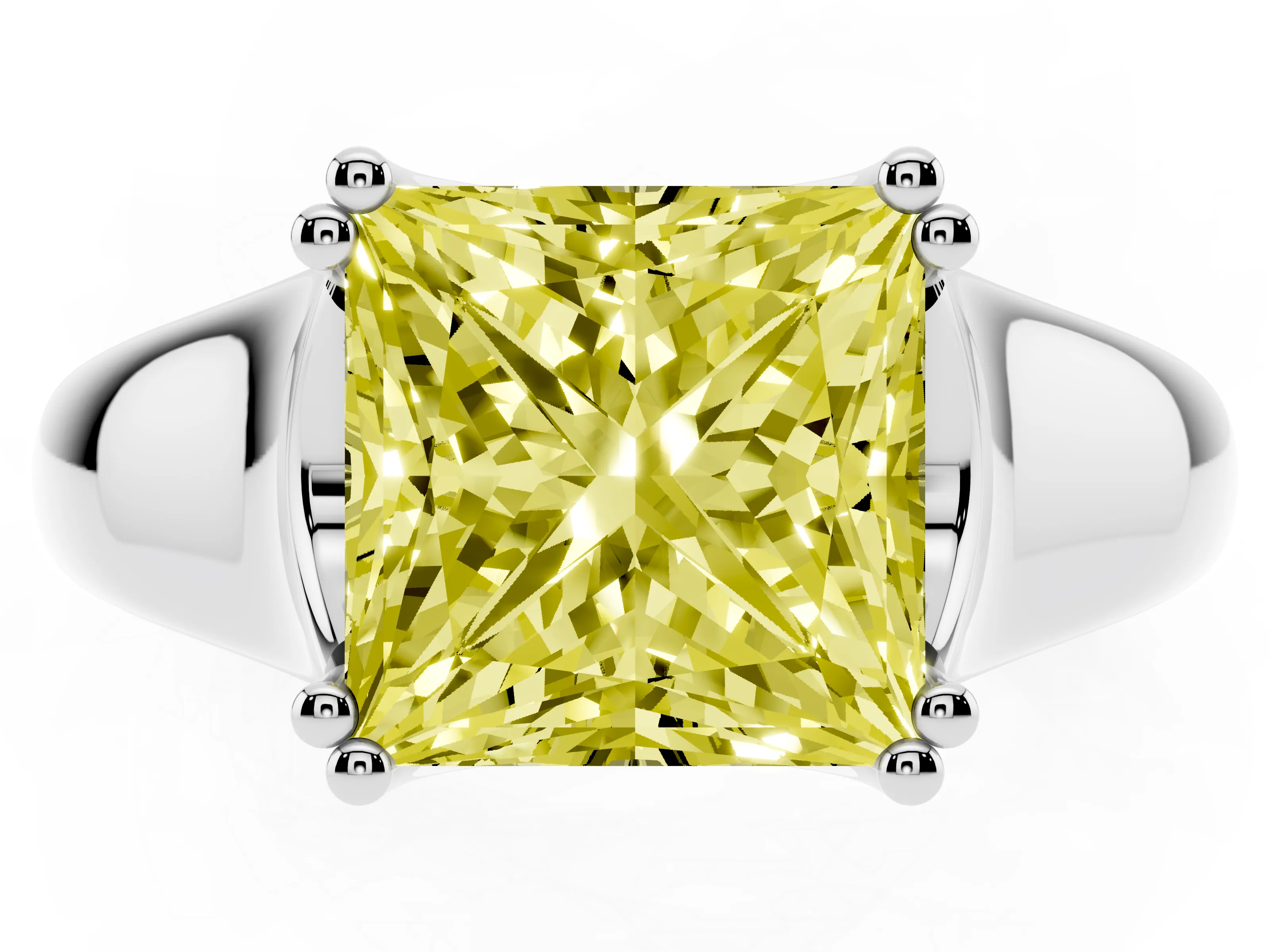 Fancy Yellow Princess Cut Diamond Solitaire Ring Set in Platinum with Wide Band and Prong Setting