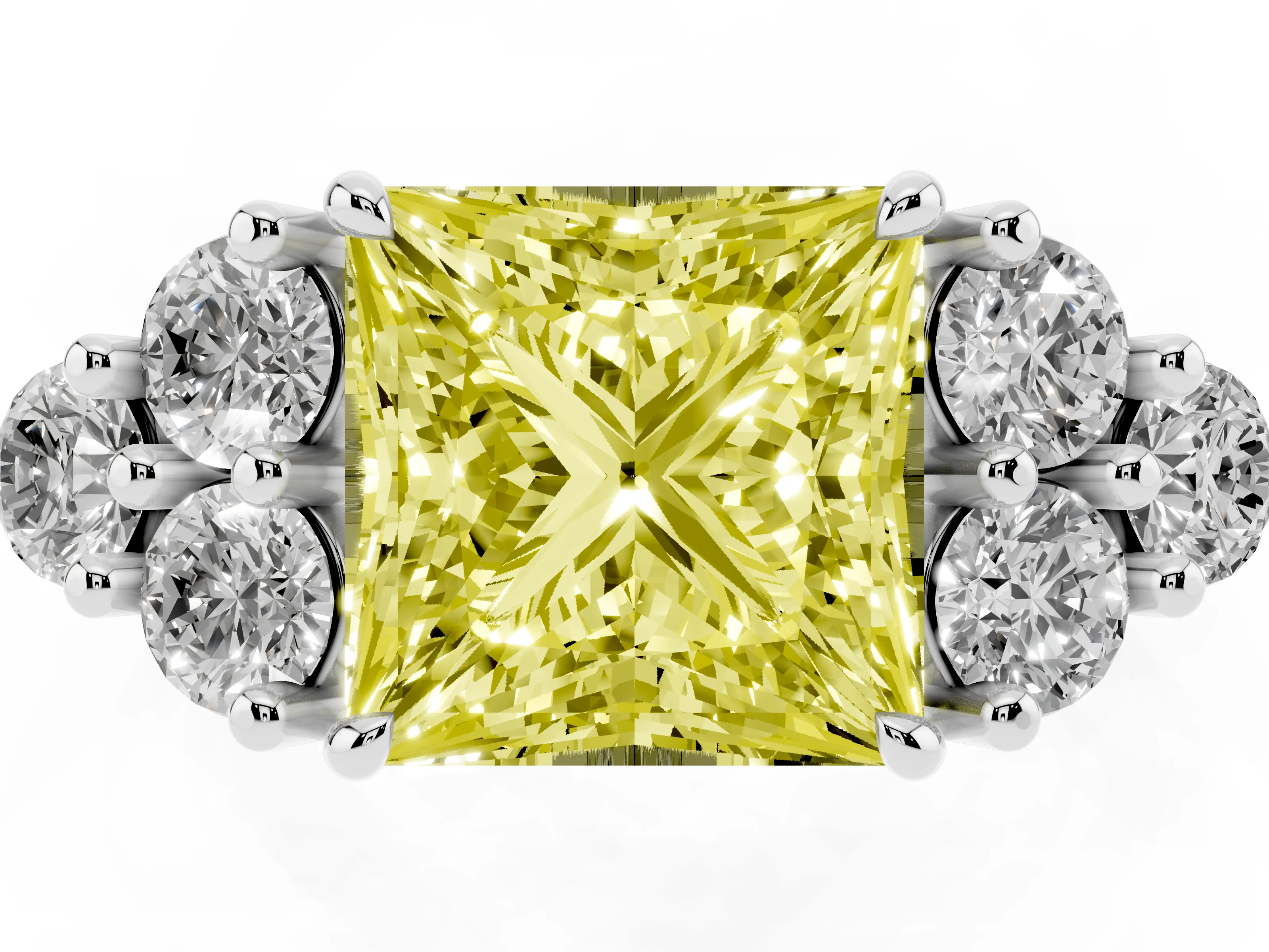Fancy Yellow Princess Cut Diamond Solitaire Ring Set in Silver with Cluster Accents on Each Side