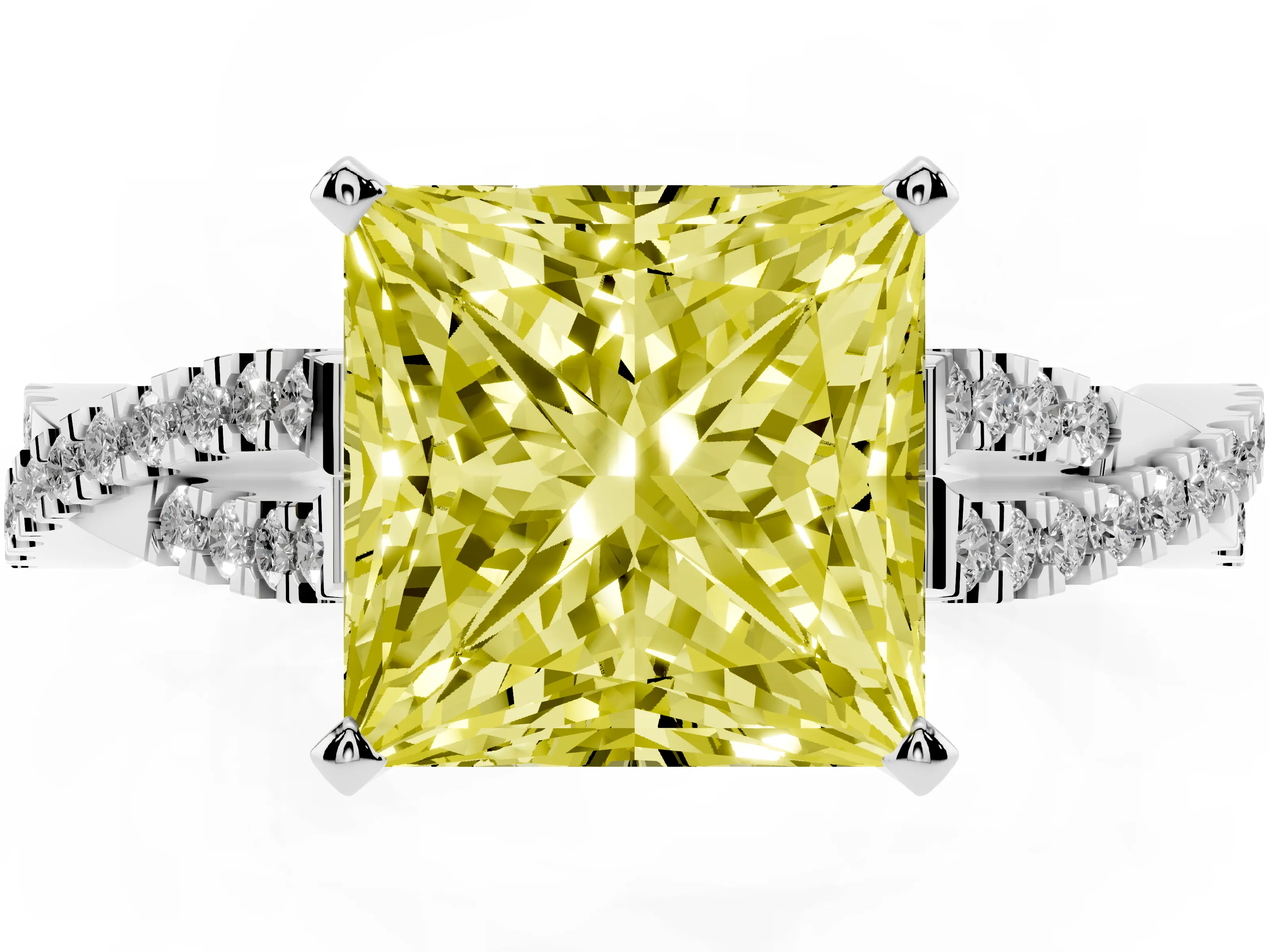 Fancy Yellow Princess Cut Diamond Solitaire Engagement Ring Set in White gold with Twisted Pavé Band and Prong Setting