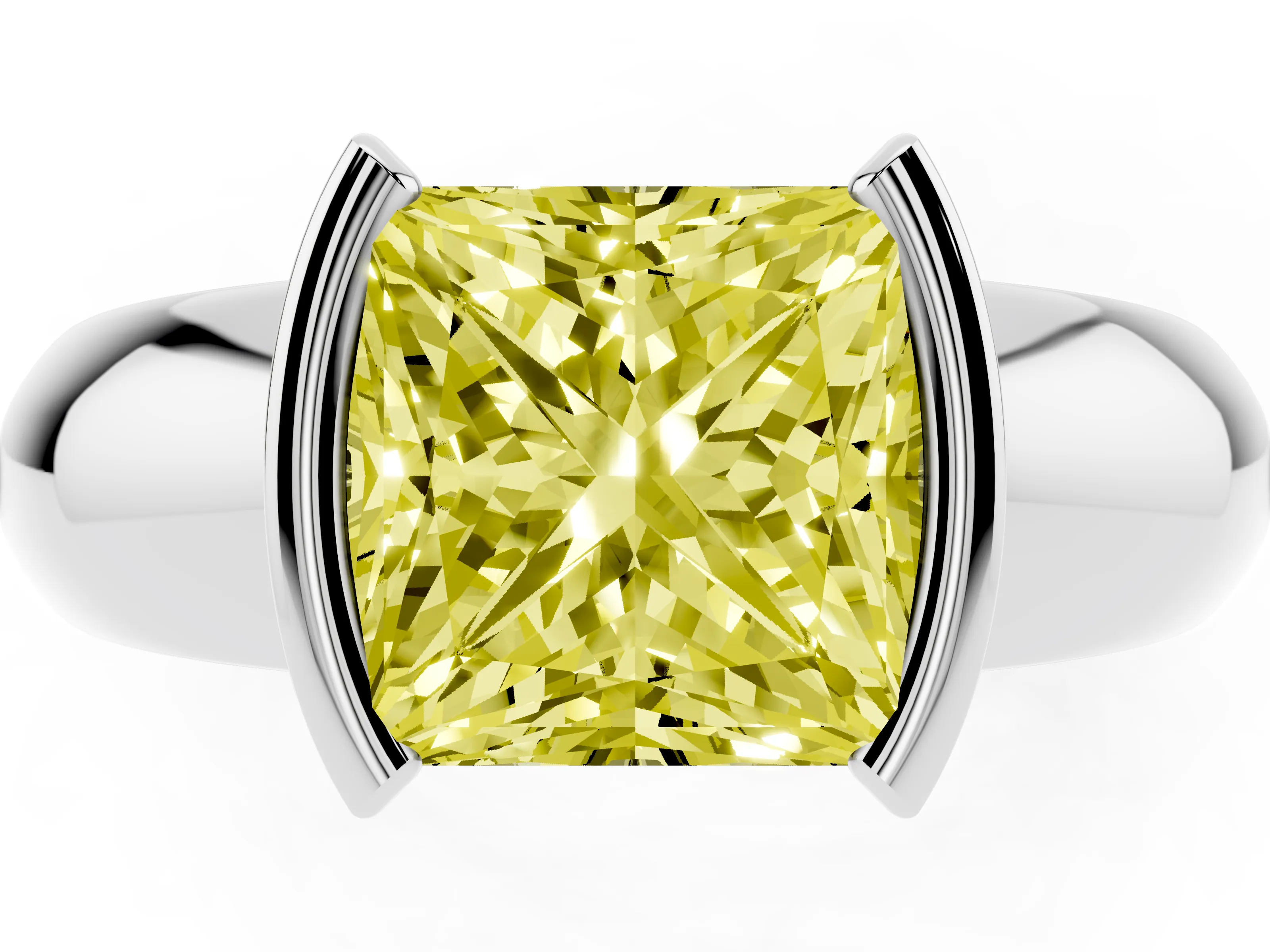 Fancy Yellow Princess Cut Diamond Solitaire Tension Set Ring Set in White gold with Wide Band