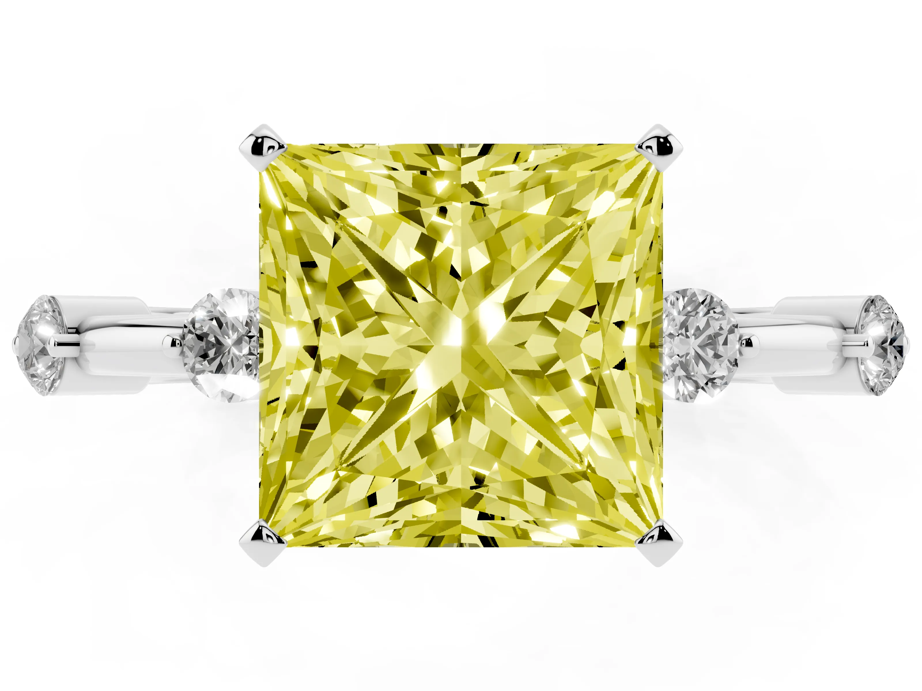 Fancy Yellow Princess Cut Diamond Solitaire Ring Set in Silver with Bezel Set Side Stones and Prong Setting