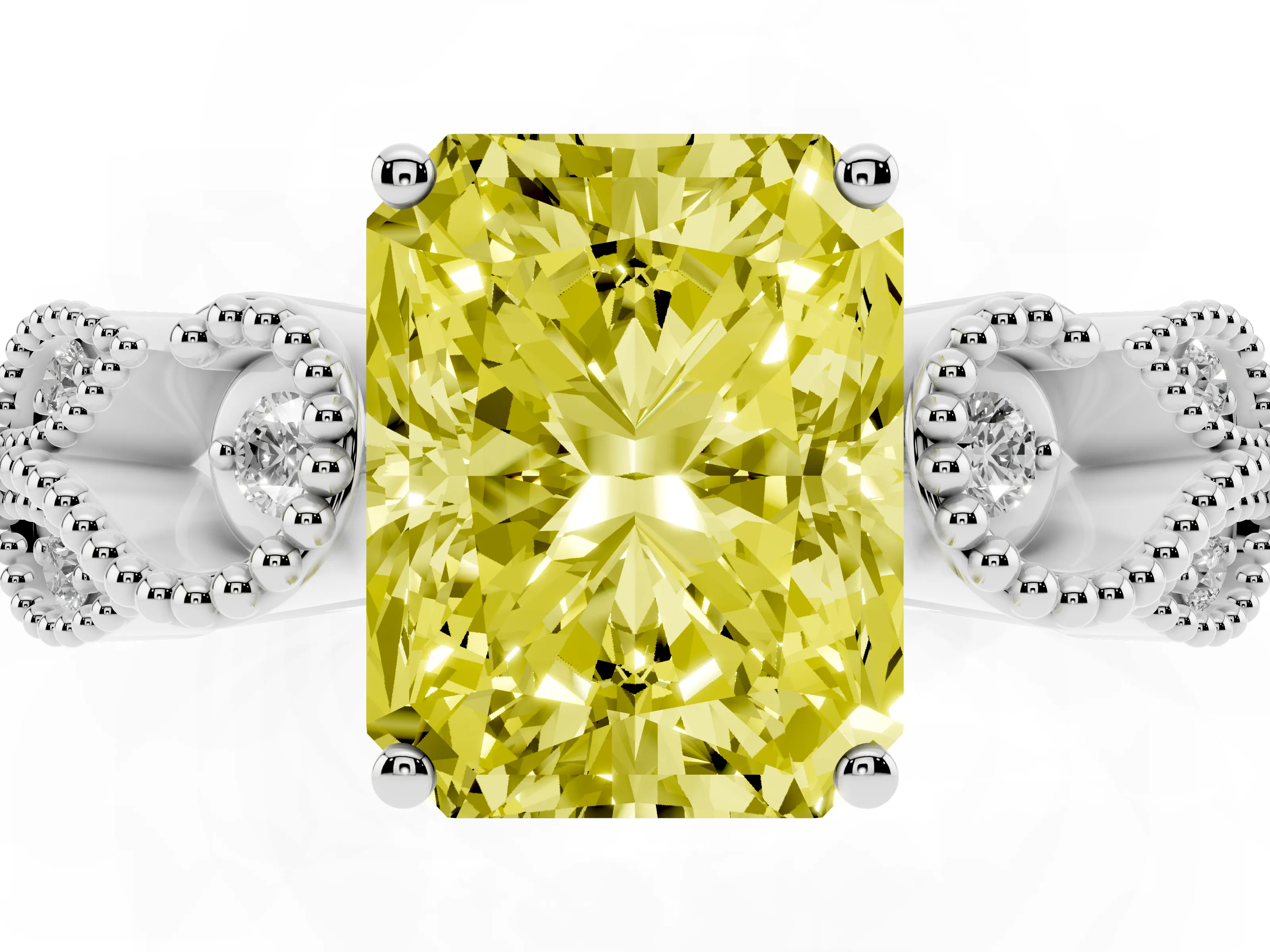 Fancy Yellow Princess Cut Diamond Milgrain Leaf Band Solitaire Ring Set in Silver with Accent Stones and Prong Setting