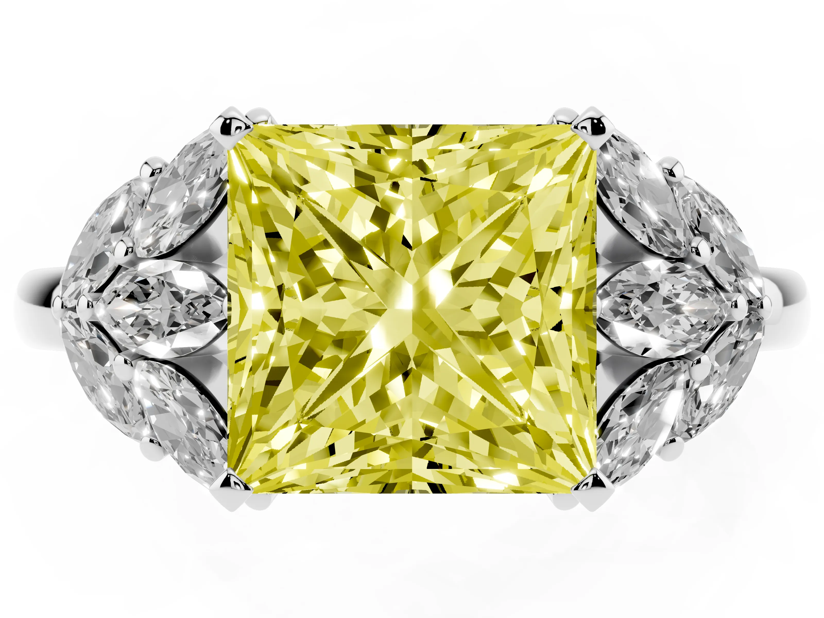 Fancy Yellow Princess Cut Diamond Cluster Leaf Design Ring Set in White gold with Prong Setting
