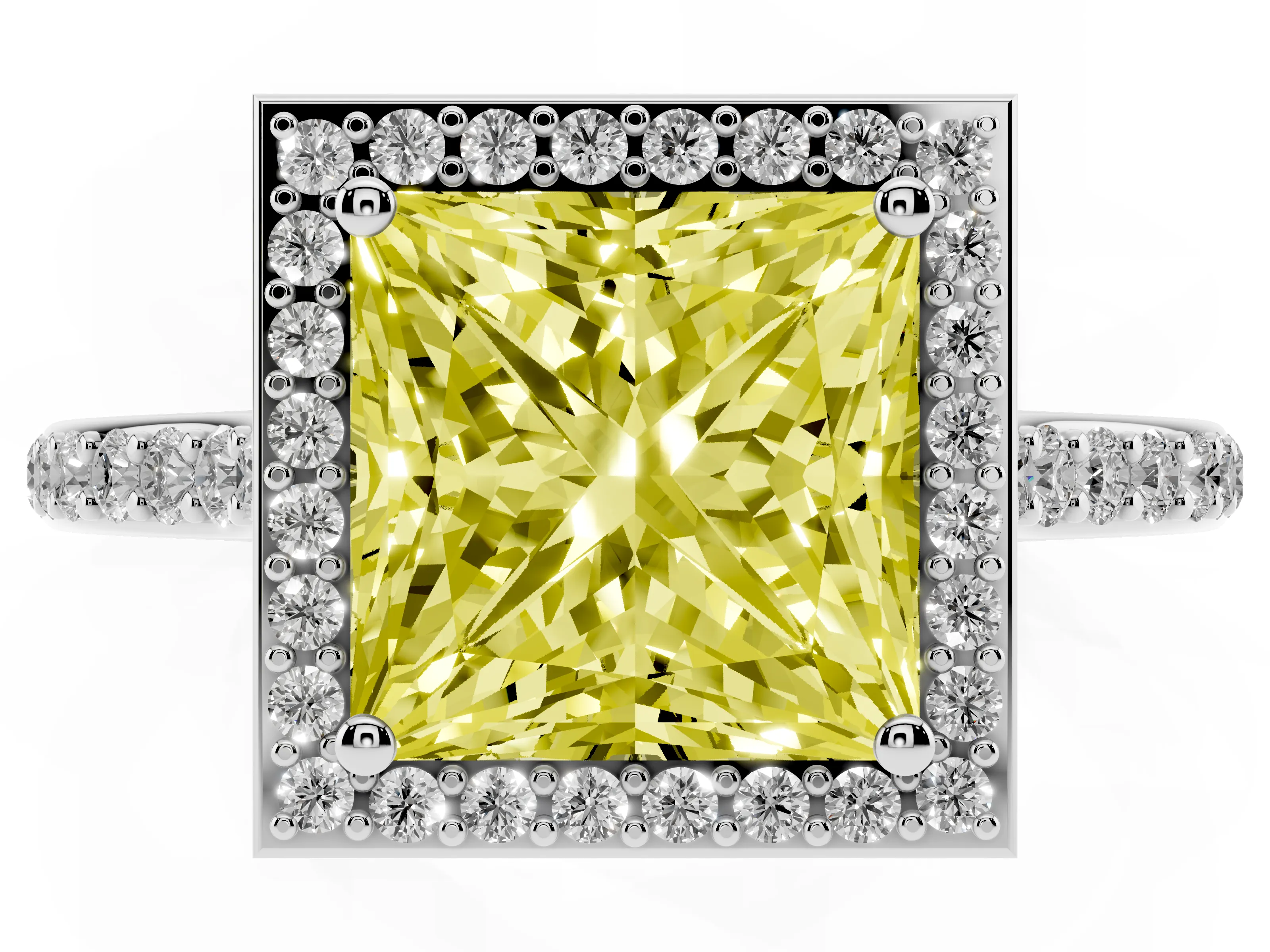 Fancy Yellow Princess Cut Diamond Halo Engagement Ring Set in White gold with Round Pavé Shoulders and Heart Gallery