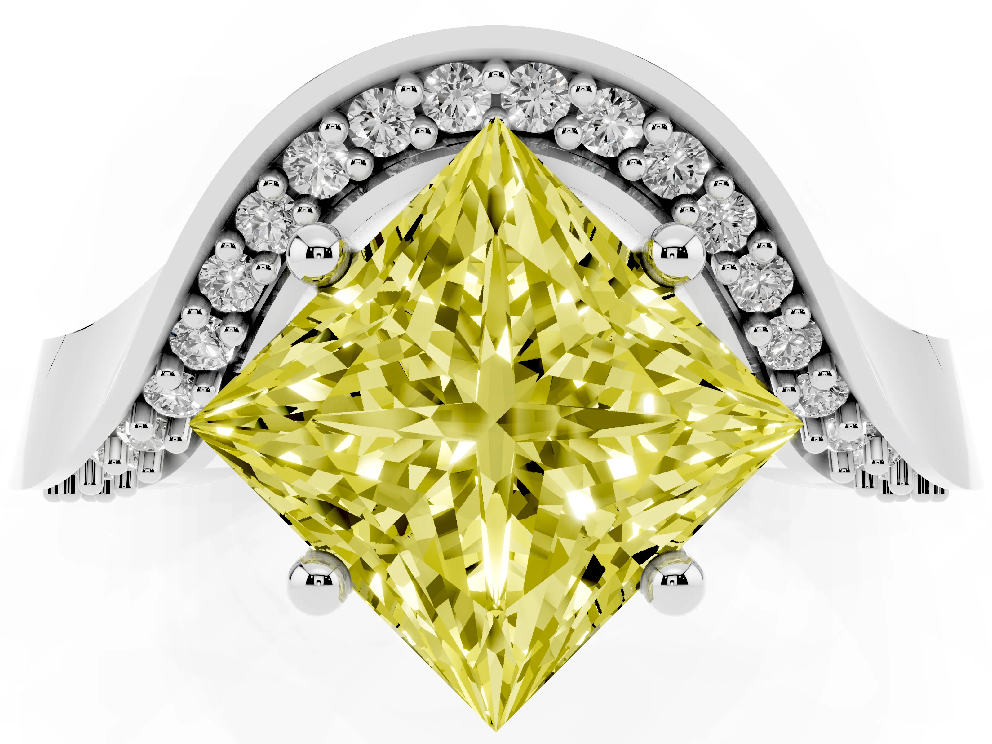 Fancy Yellow Princess Cut Diamond Solitaire Engagement Ring Set in Silver with Pavé Shoulders