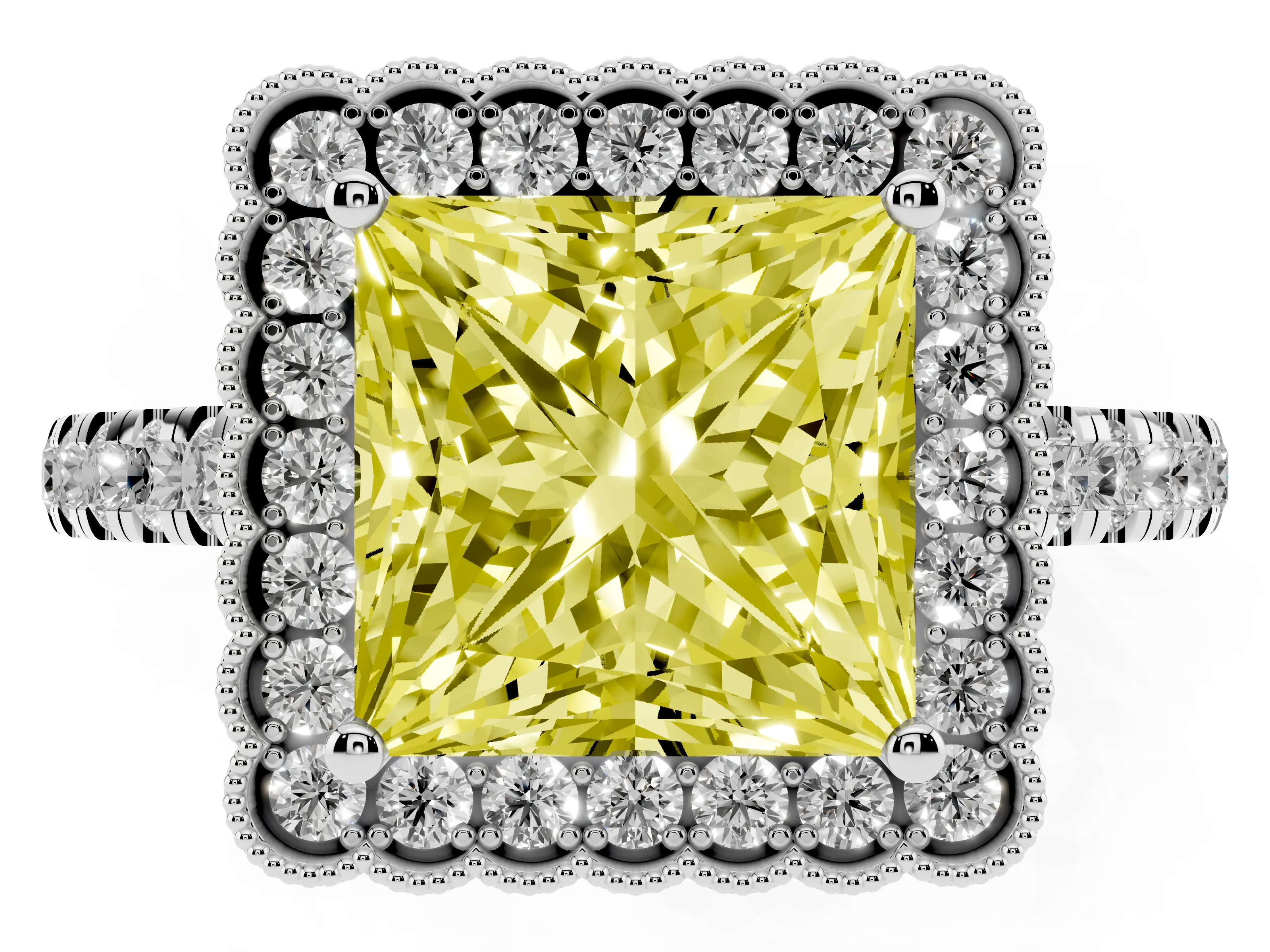Fancy Yellow Princess Cut Diamond Milgrain Floral Halo Engagement Ring Set in White gold with Pavé Band
