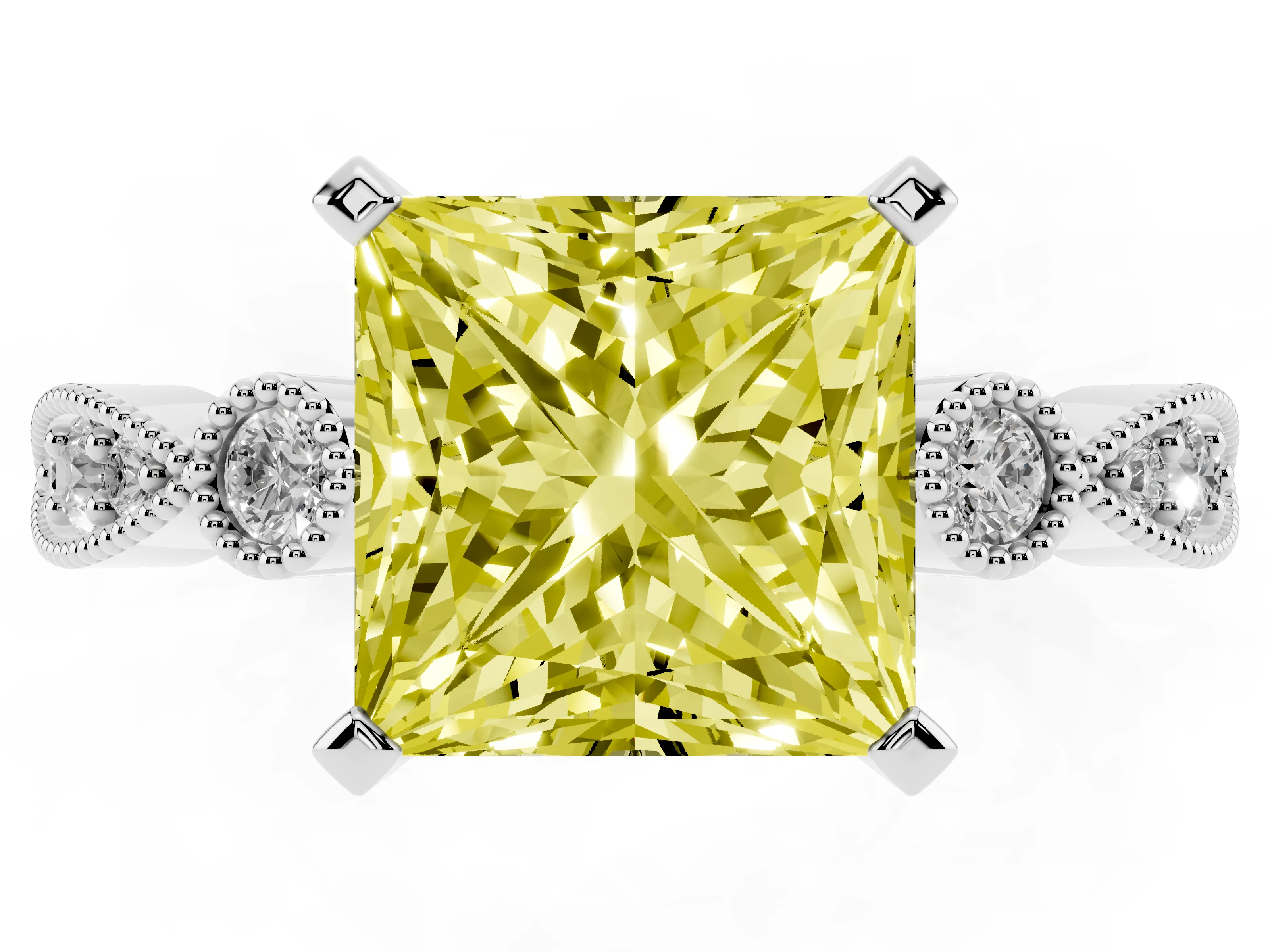 Fancy Yellow Princess Cut Diamond Solitaire Engagement Ring Set in Silver with Milgrain Bezel Accent Band