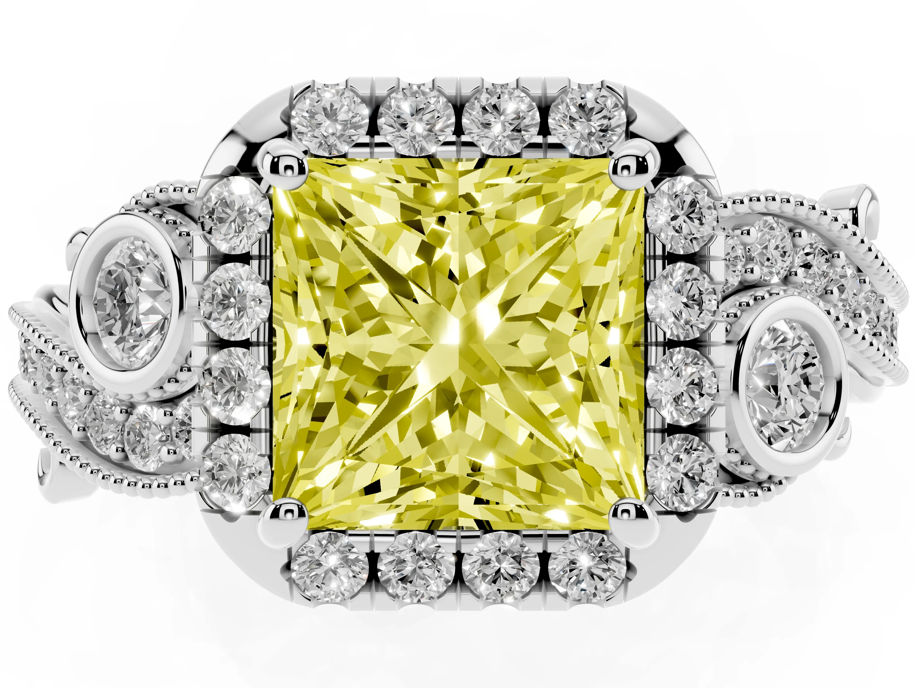Fancy Yellow Princess Cut Diamond Halo Split Shank Ring Set in White gold with Milgrain and Bezel Accents