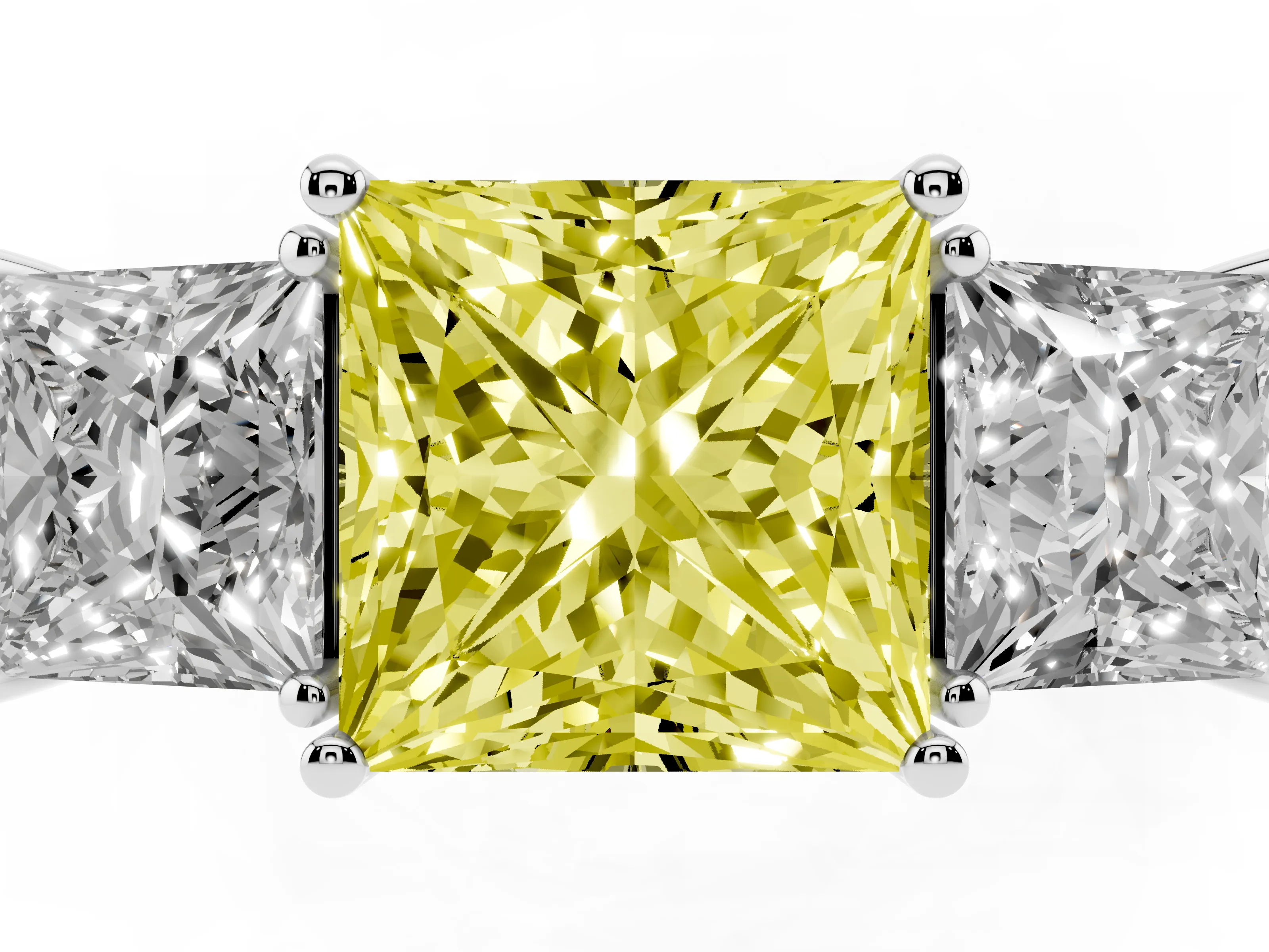 Fancy Yellow Princess Cut Diamond Three-Stone Engagement Ring Set in Platinum with Flat Band