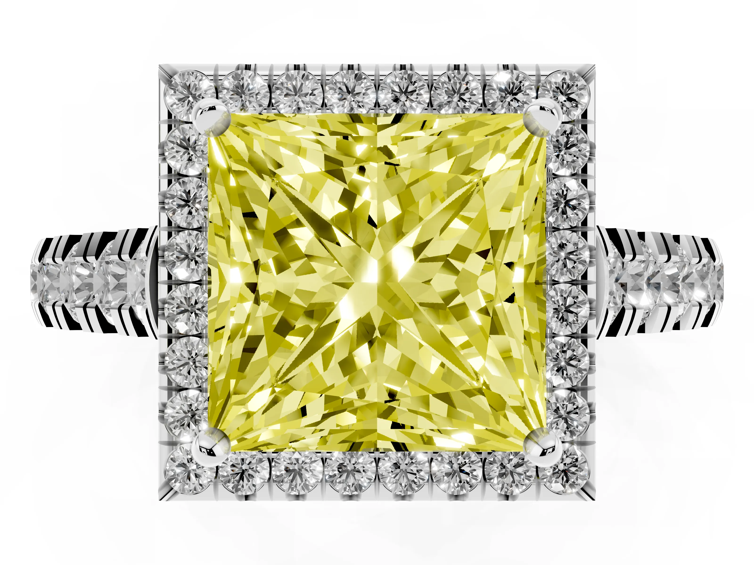 Fancy Yellow Princess Cut Diamond Halo Engagement Ring Set in Platinum with Pavé Band and Prong-Set Center