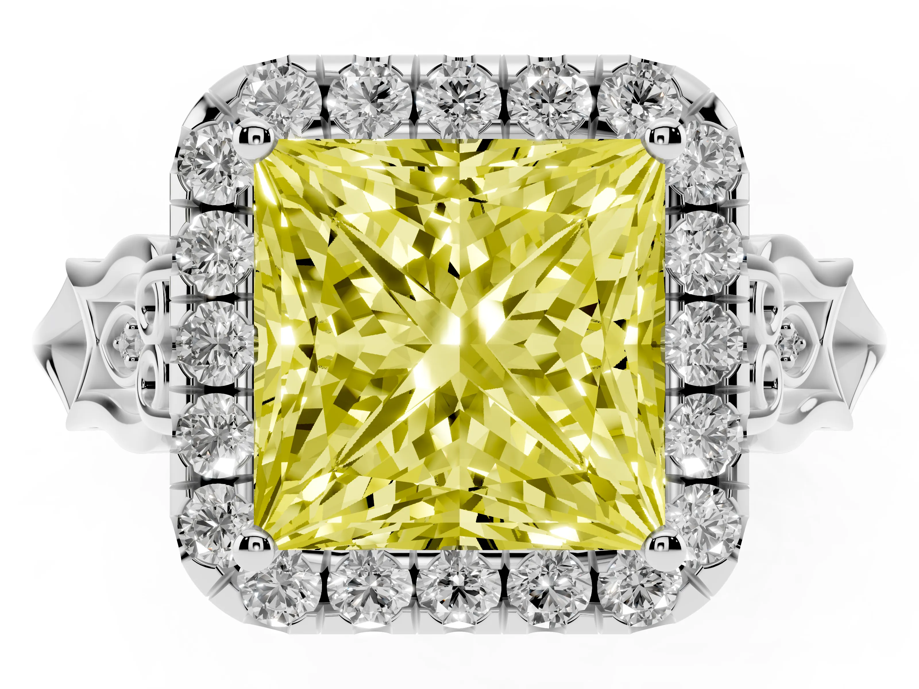 Fancy Yellow Princess Cut Diamond Halo Engagement Ring Set in White gold with Filigree Band and Prong-Set Center
