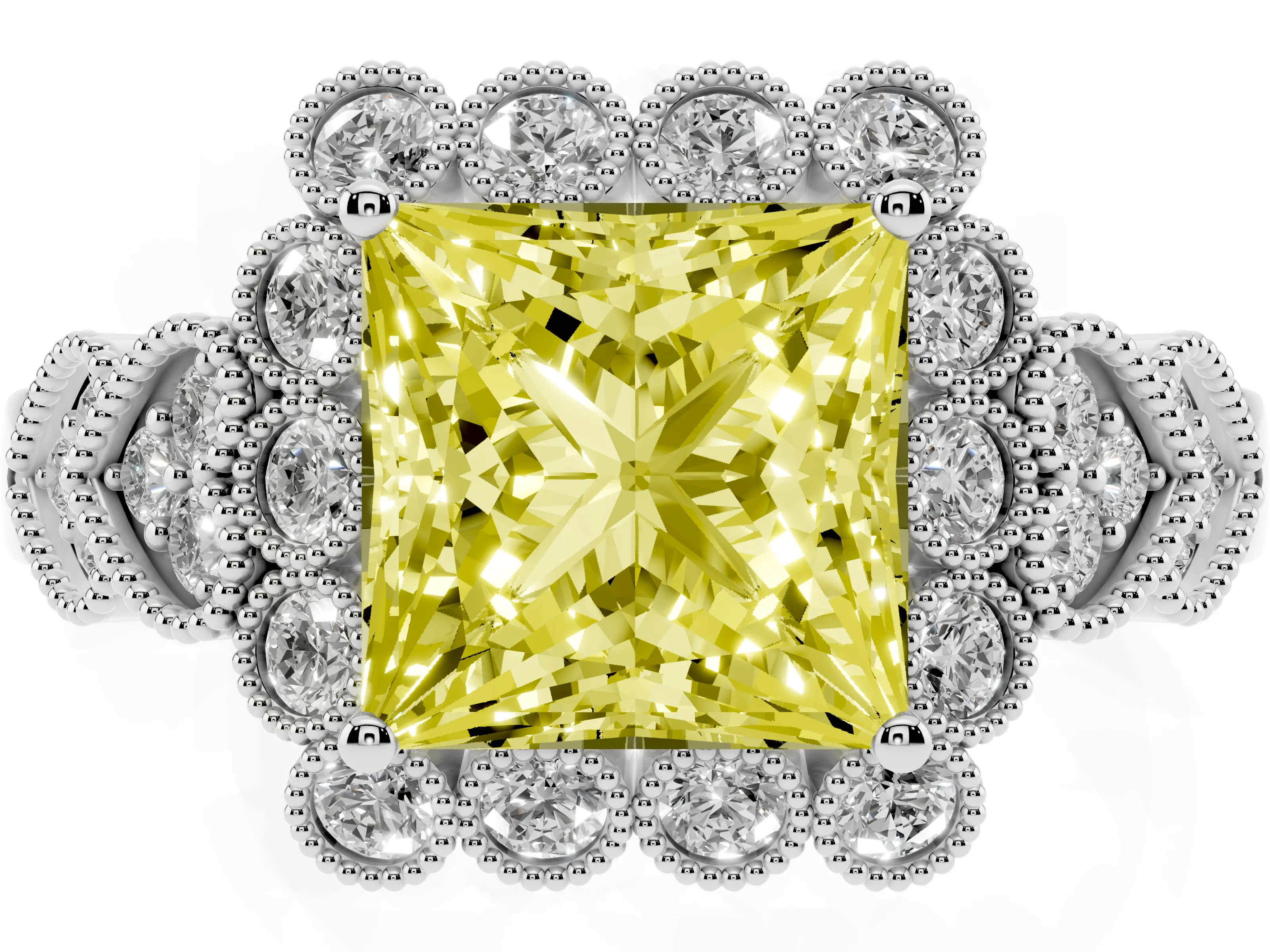Fancy Yellow Princess Cut Diamond Solitaire Ring Set in Silver with Milgrain Pavé Heart Band