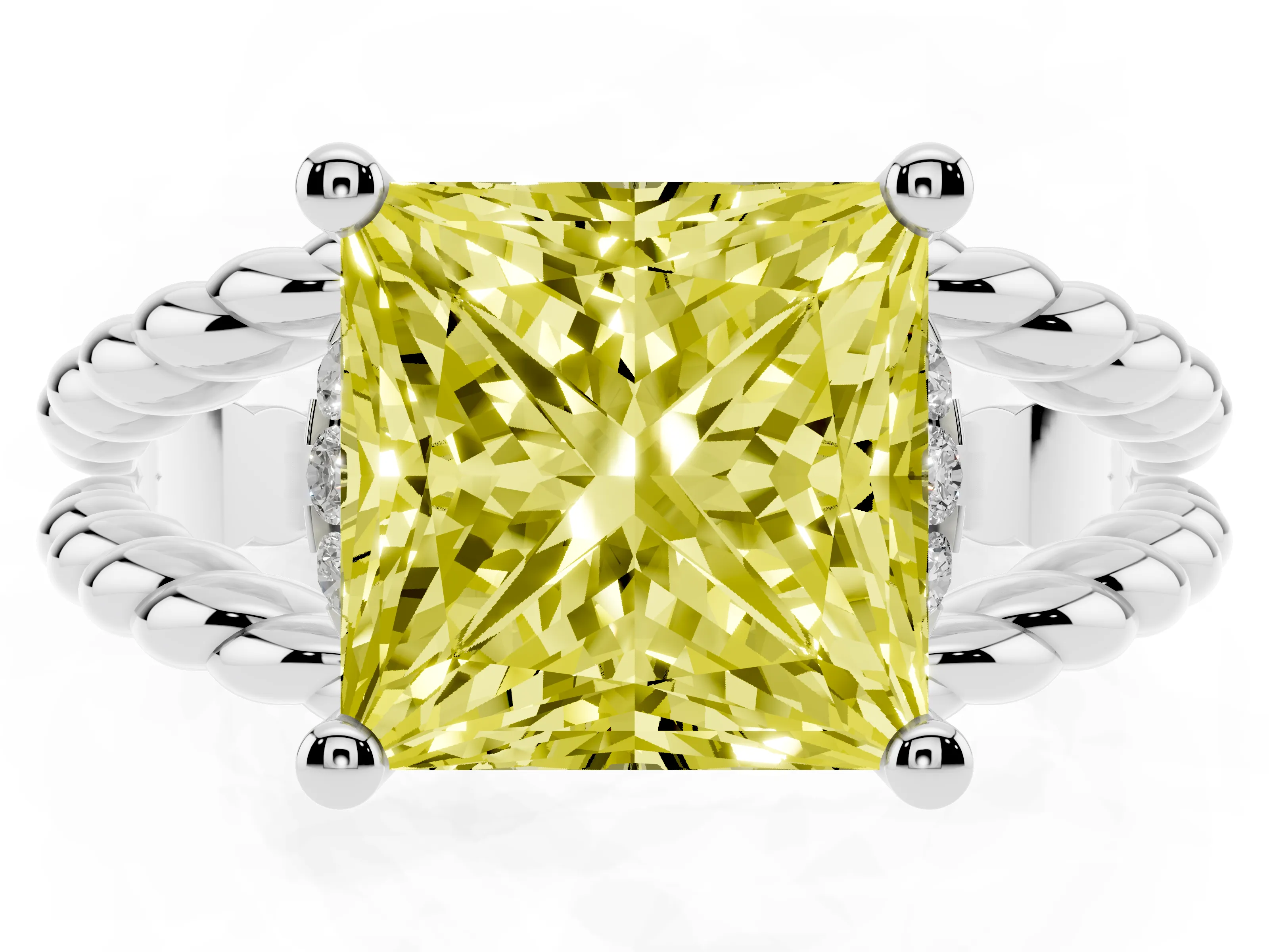 Fancy Yellow Princess Cut Diamond Halo Ring Set in White gold with Twisted Band and Prong Setting