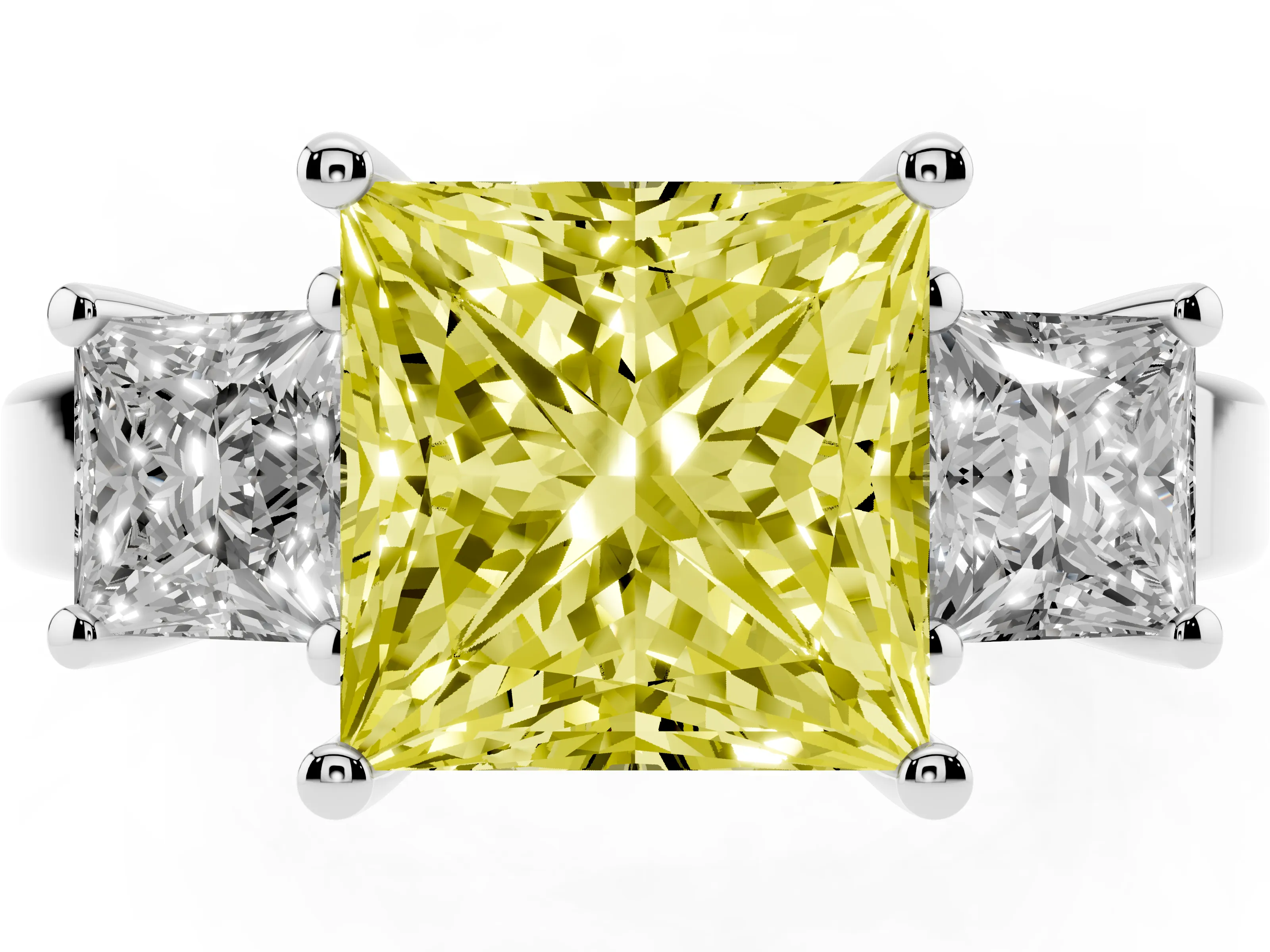 Fancy Yellow Three-Stone Princess Cut Diamond Solitaire Ring Set in Platinum with Prong Setting