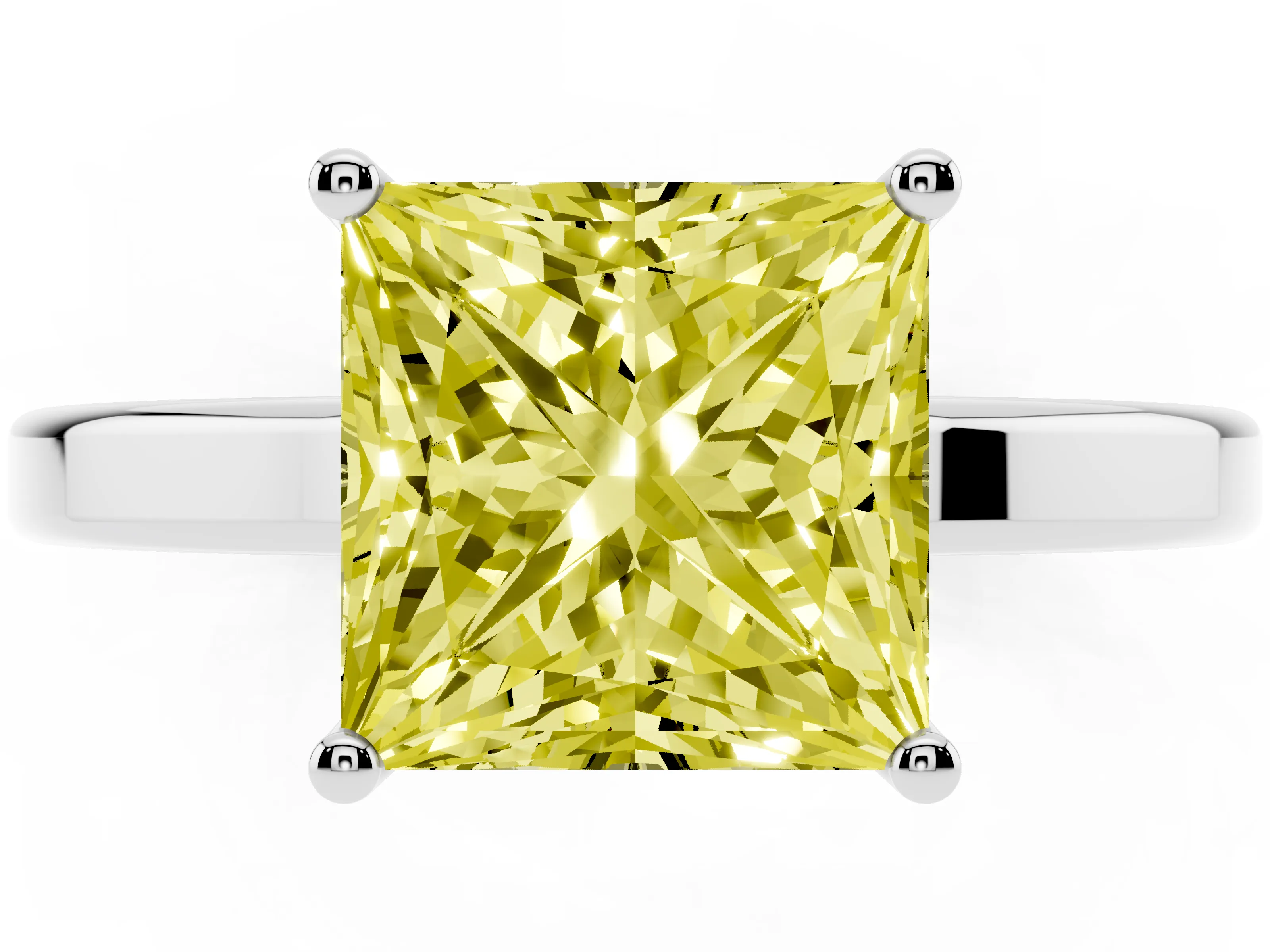 Fancy Yellow Princess Cut Diamond Solitaire Engagement Ring Set in White gold with Prong Setting on a Plain Band