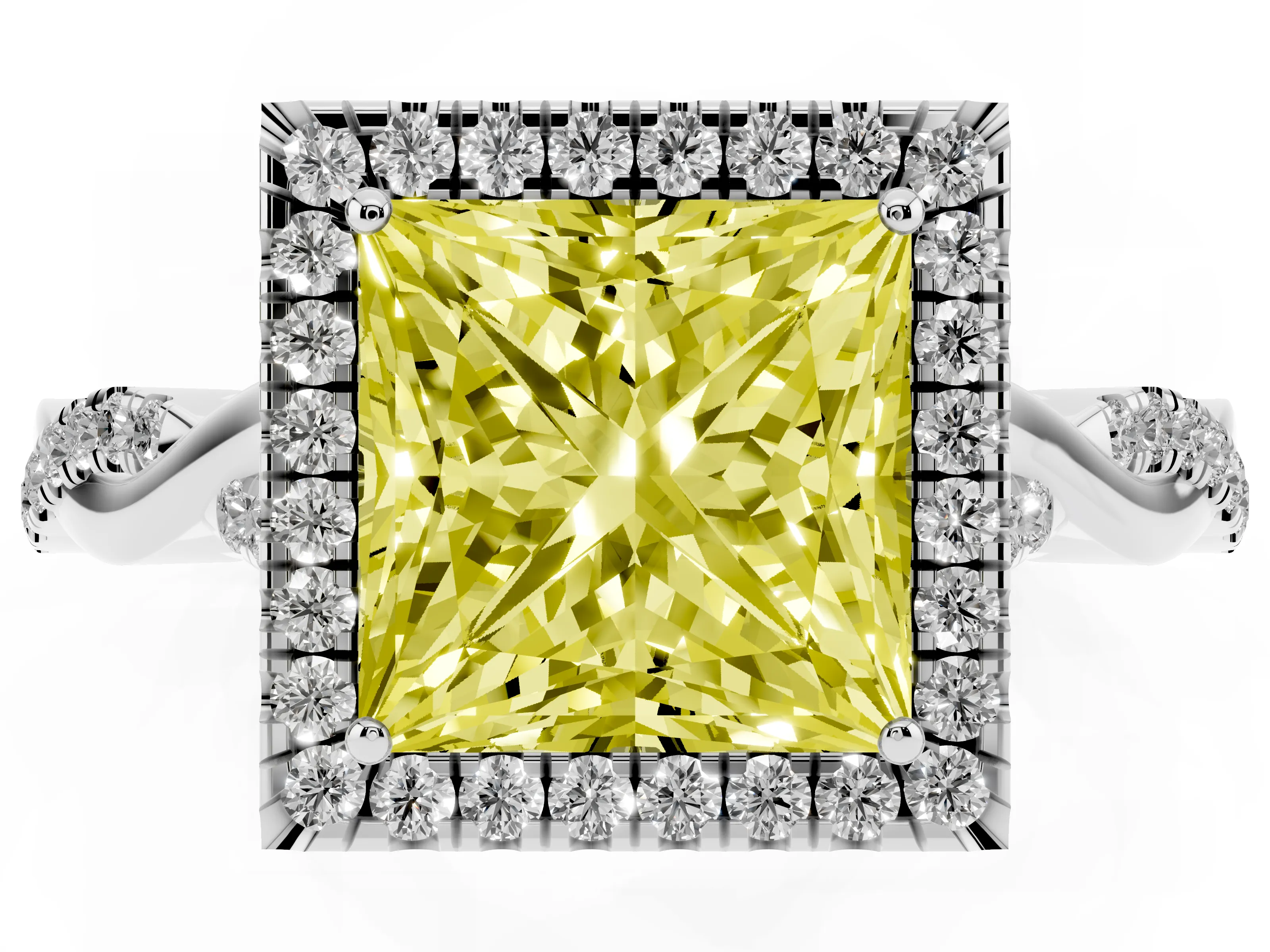 Fancy Yellow Princess Cut Diamond Halo Twist Band Solitaire Ring Set in Platinum with Prong Setting