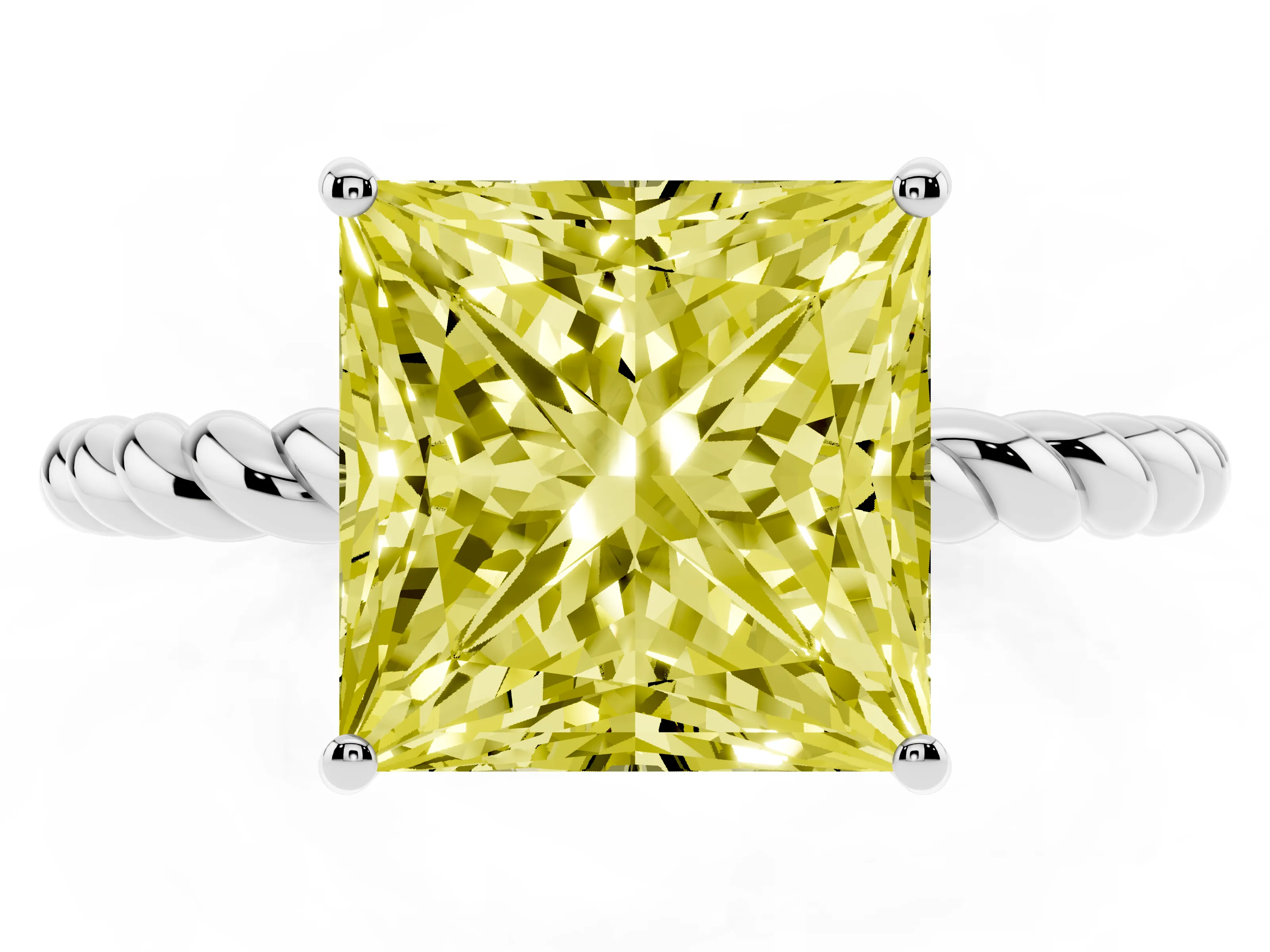 Fancy Yellow Princess Cut Diamond Solitaire Ring Set in White gold with Twist Band and Prong Setting