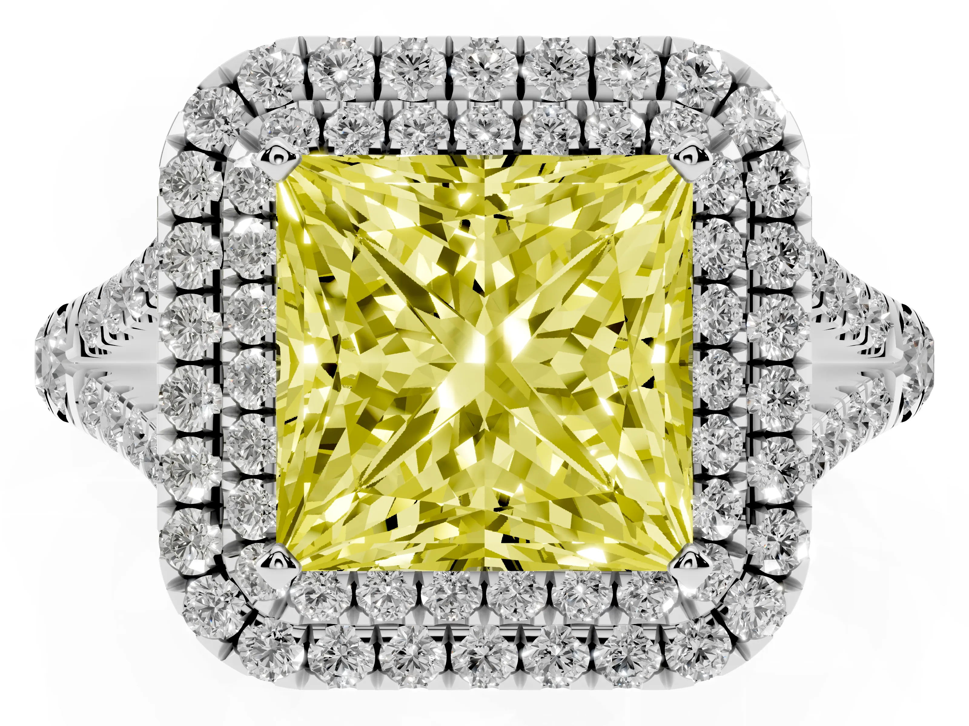Fancy Yellow Princess Cut Diamond Pavé Split Shank Double Halo Engagement Ring Set in Platinum