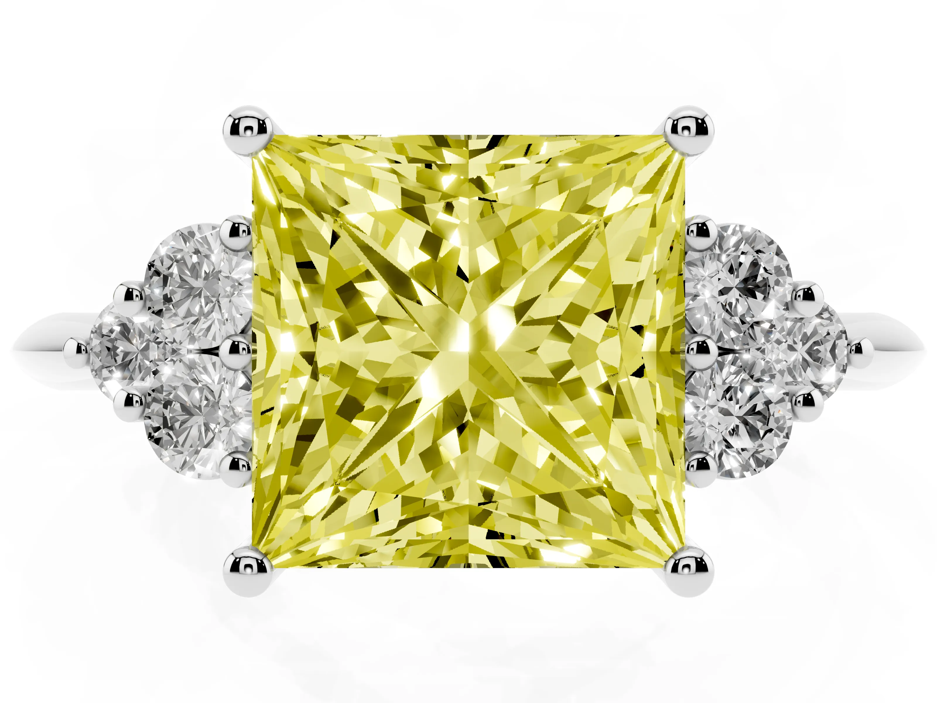 Fancy Yellow Princess Cut Diamond Cluster Ring Set in Platinum with Plain Band and Prong Setting