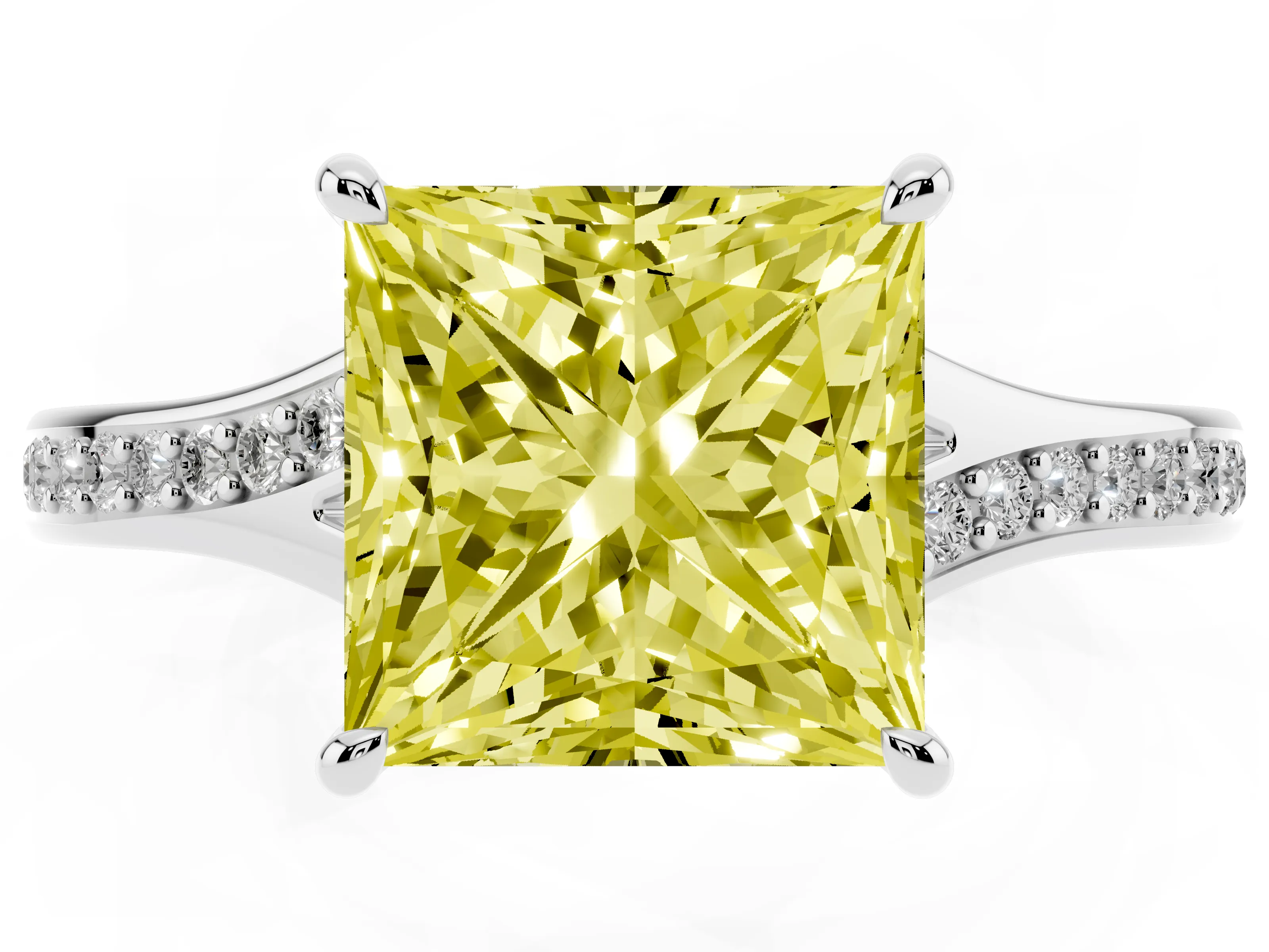 Fancy Yellow Princess Cut Diamond Solitaire Ring Set in Silver with Pavé Accent Band and Classic Prong Setting