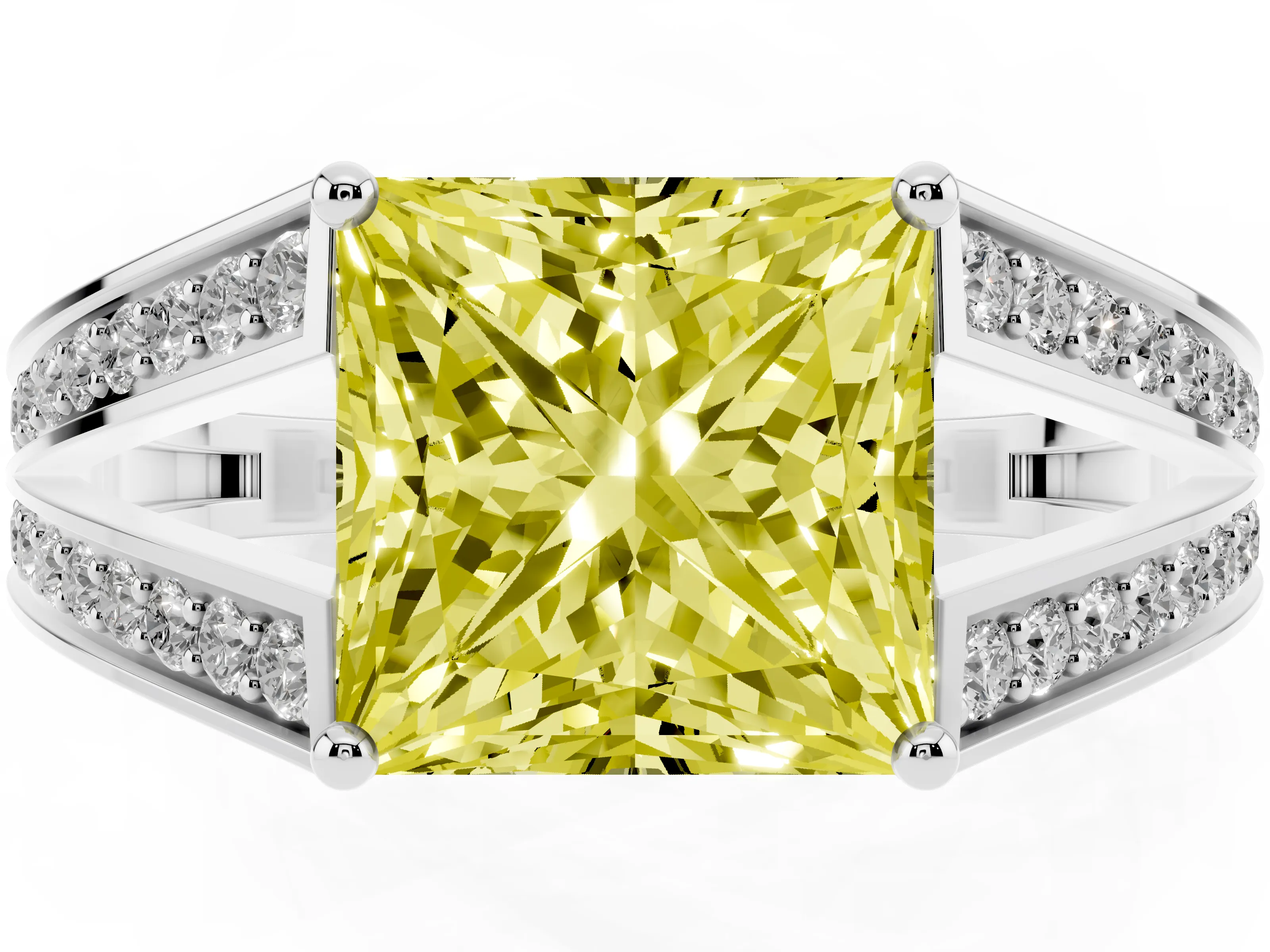 Fancy Yellow Princess Cut Diamond Split Shank Ring Set in Platinum with Pavé Band and Prong Setting