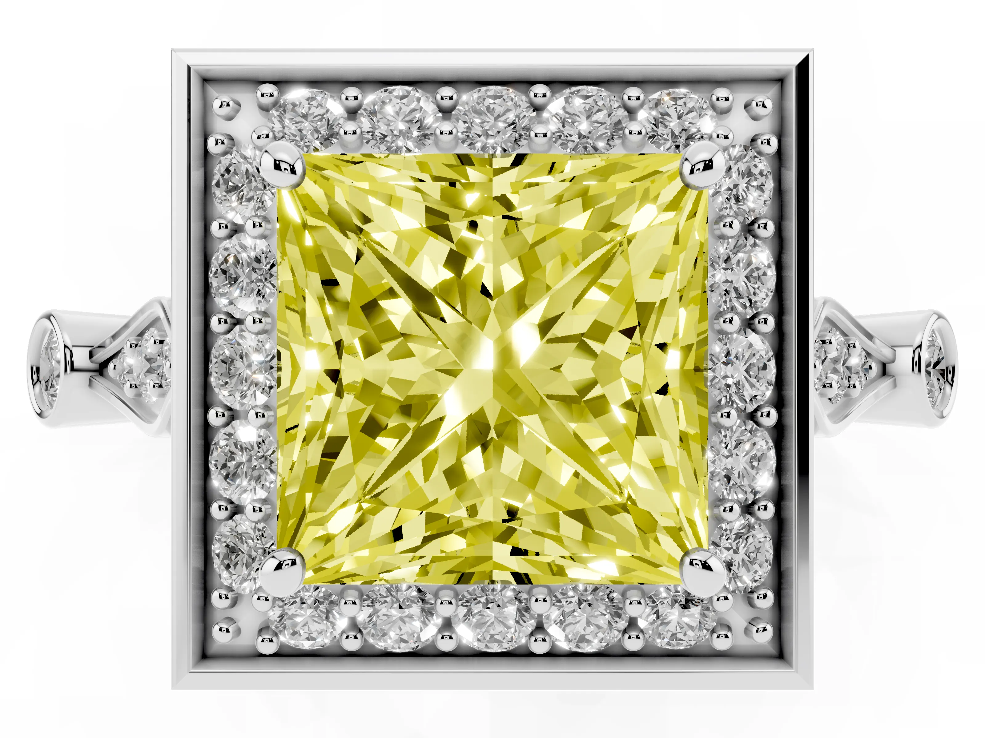 Fancy Yellow Princess Cut Diamond Halo Engagement Ring Set in Platinum with Twisted Band and Prong Setting