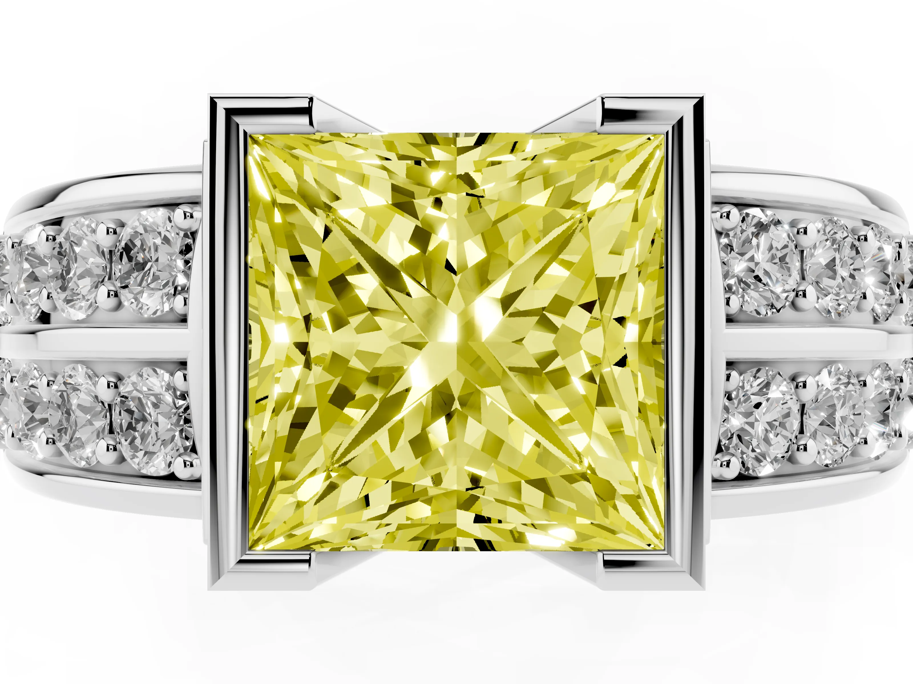Fancy Yellow Princess Cut Diamond Wide Channel Set Band Ring Set in White gold with Bezel Setting