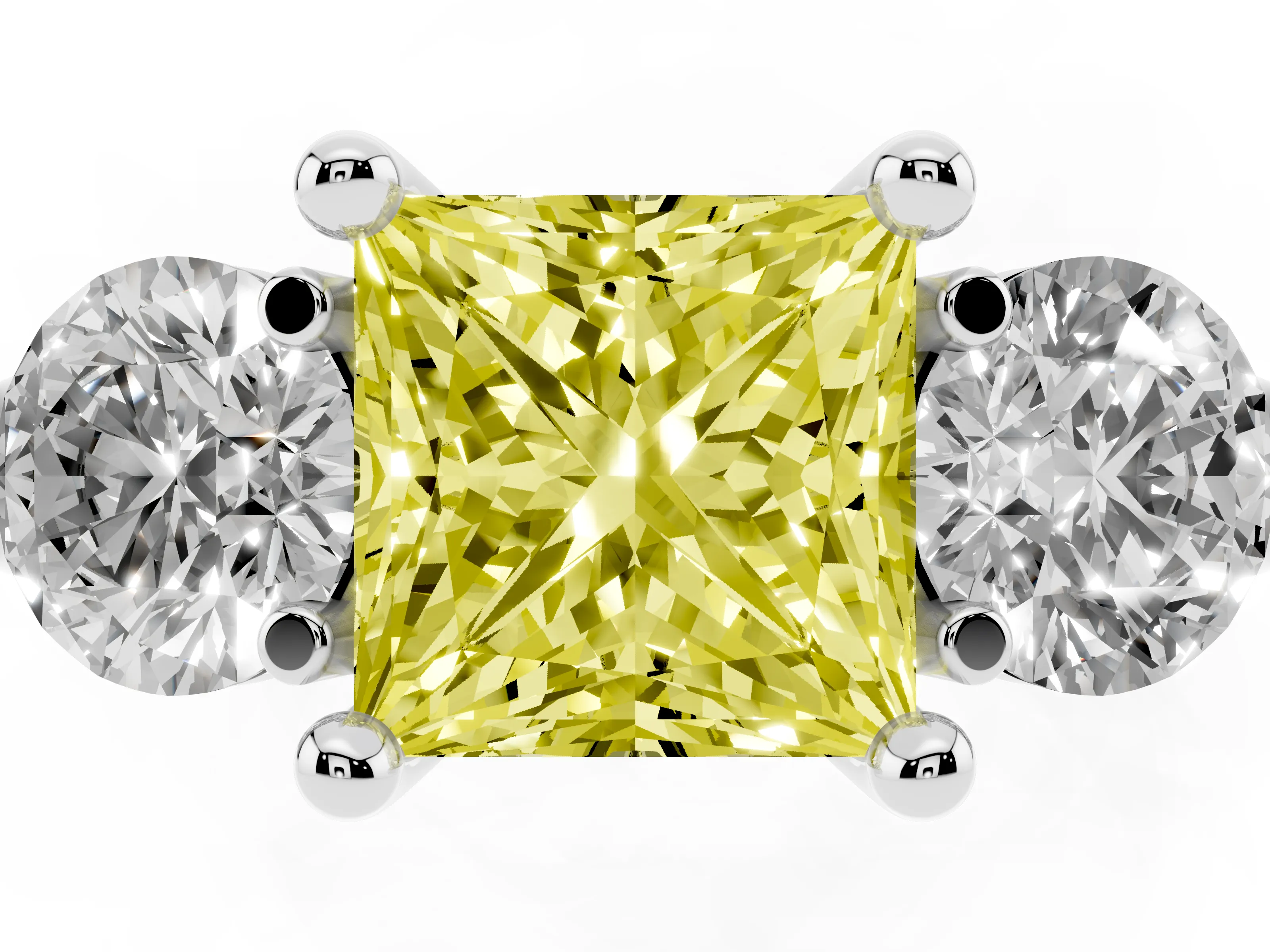 Fancy Yellow Princess Cut Diamond Three-Stone Ring Set in White gold with Prong Setting and Classic Band