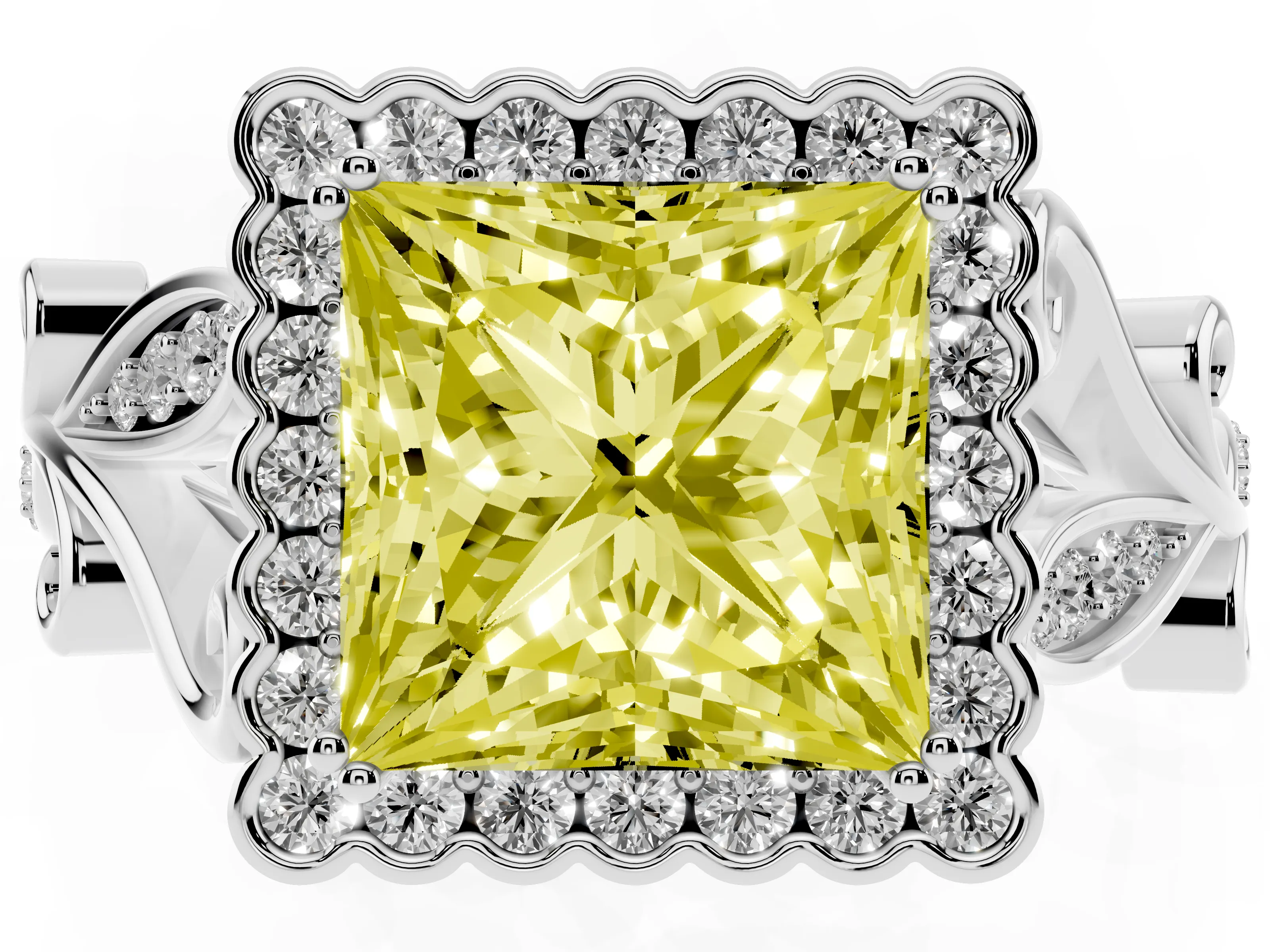 Fancy Yellow Princess Cut Diamond Halo Ring Set in White gold with Leaf Motif Split Shank and Prong Setting