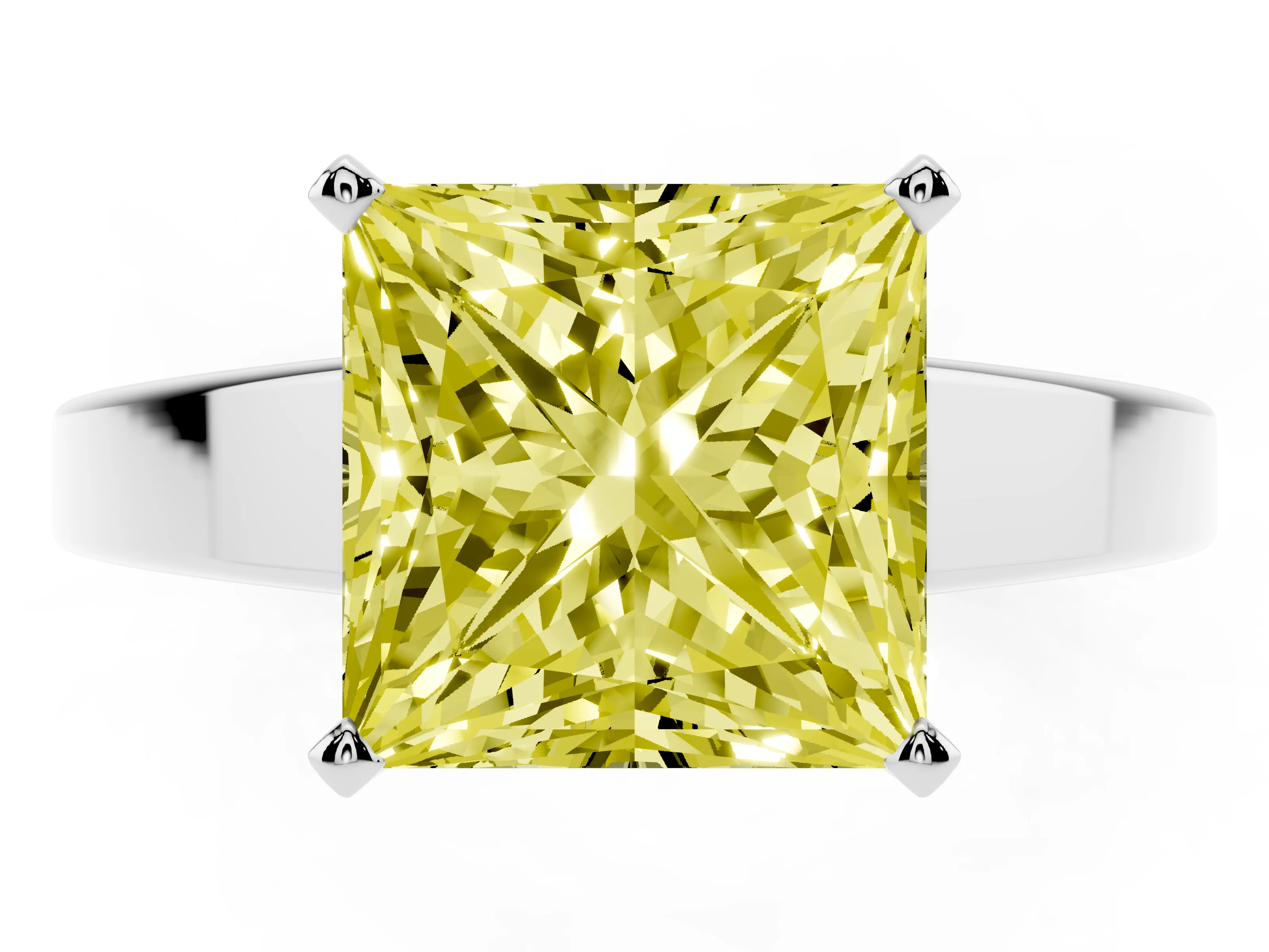 Fancy Yellow Princess Cut Diamond Solitaire Engagement Ring Set in White gold with Prong Setting and Tapered Band