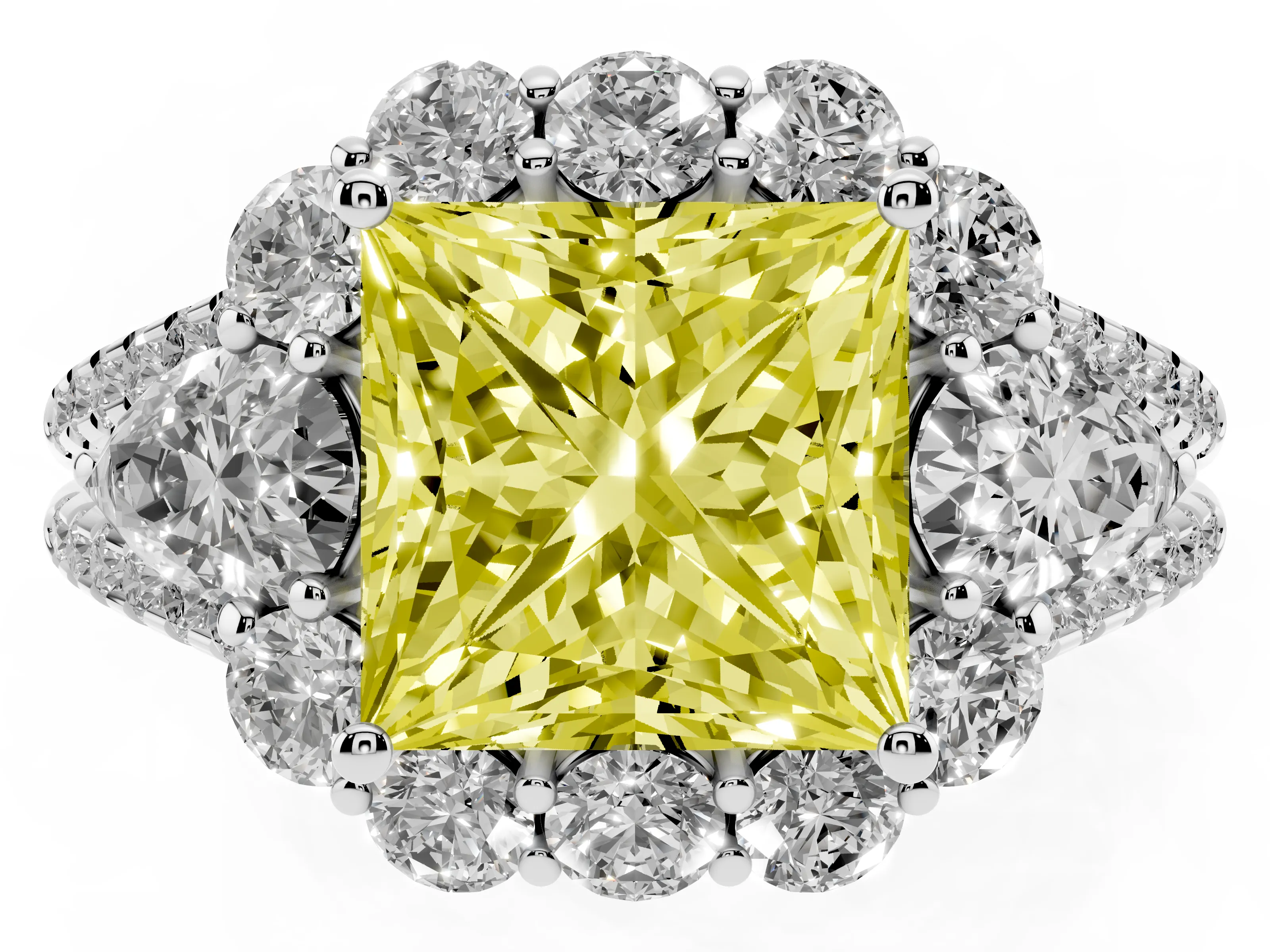 Fancy Yellow Princess Cut Diamond Halo Split Shank Engagement Ring Set in Platinum with Prong-Held Center Stone