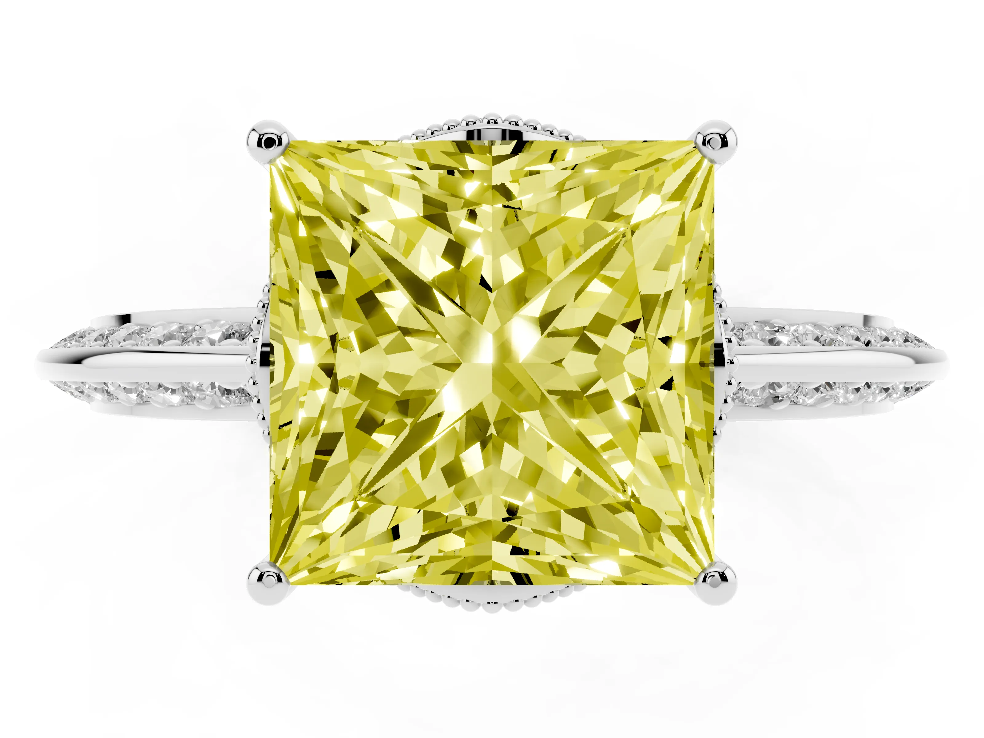 Fancy Yellow Princess Cut Diamond Solitaire Engagement Ring Set in White gold with Pavé Split Shank and Prong Setting