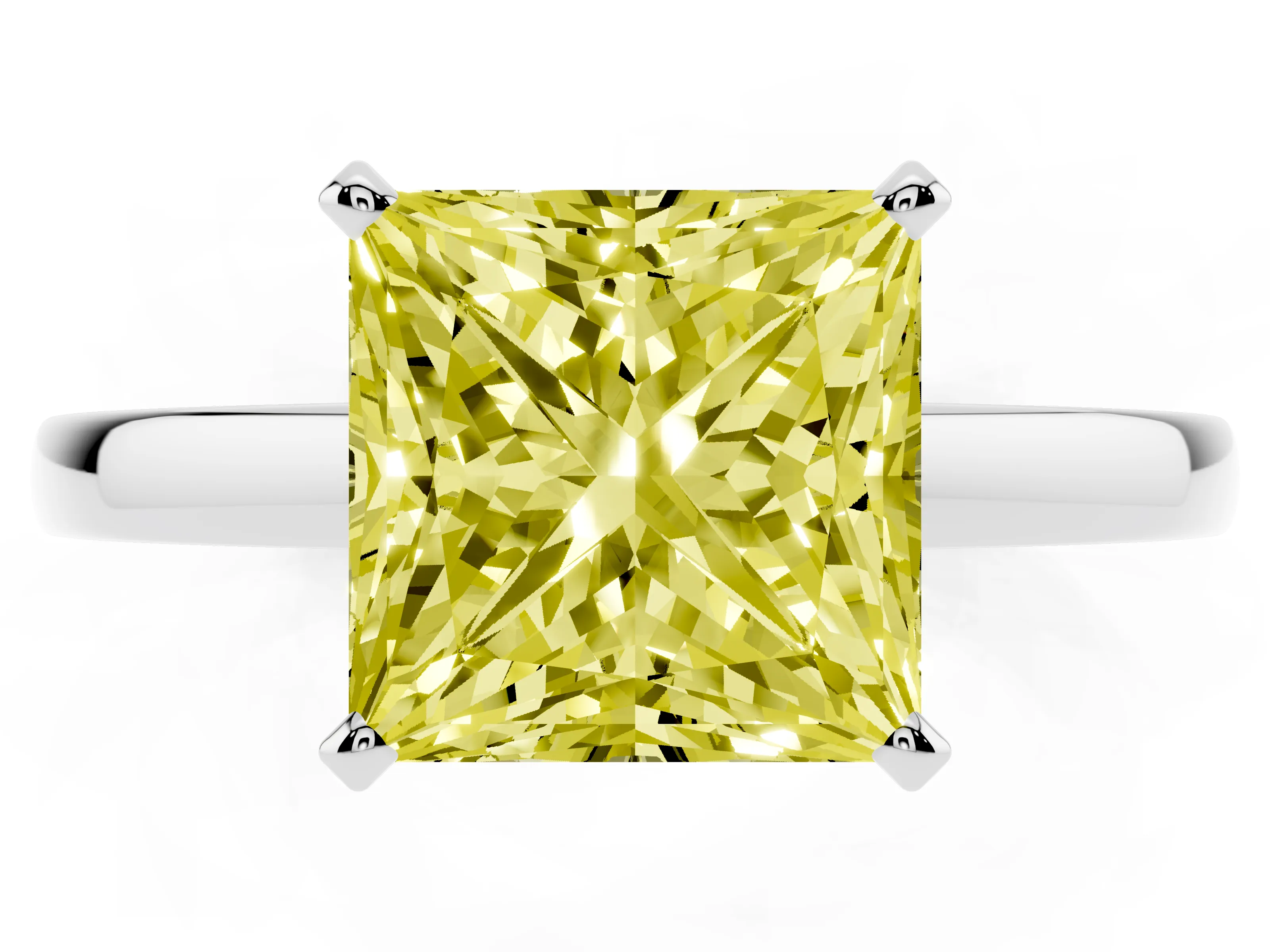 Fancy Yellow Princess Cut Diamond Solitaire Engagement Ring Set in White gold with Prong Setting on a Classic Band