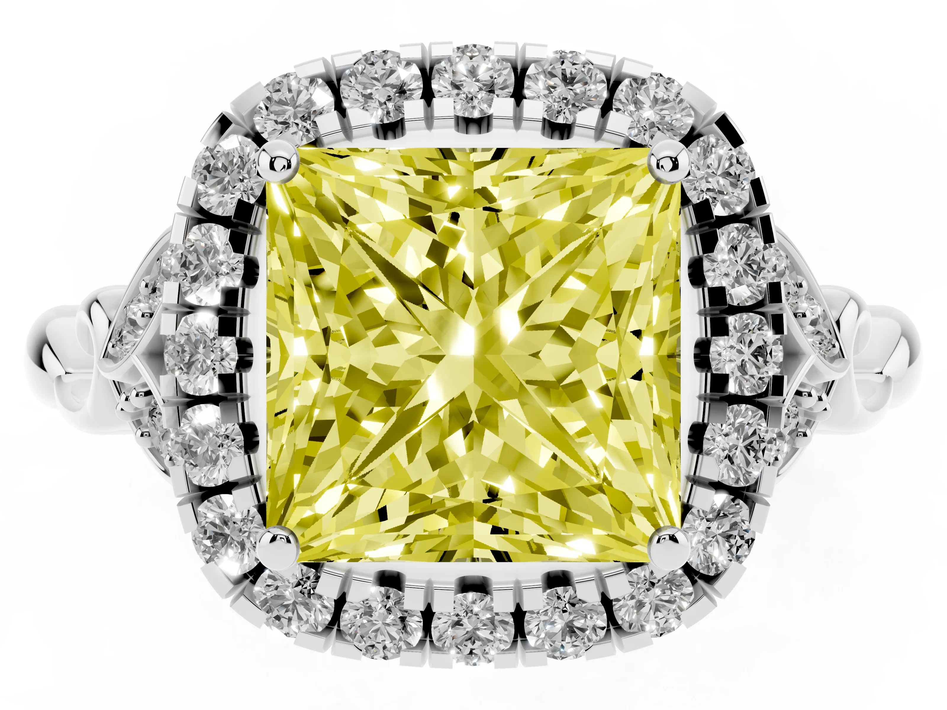 Fancy Yellow Princess Cut Diamond Halo Engagement Ring Set in Platinum with Vintage-Inspired Band and Prong Setting