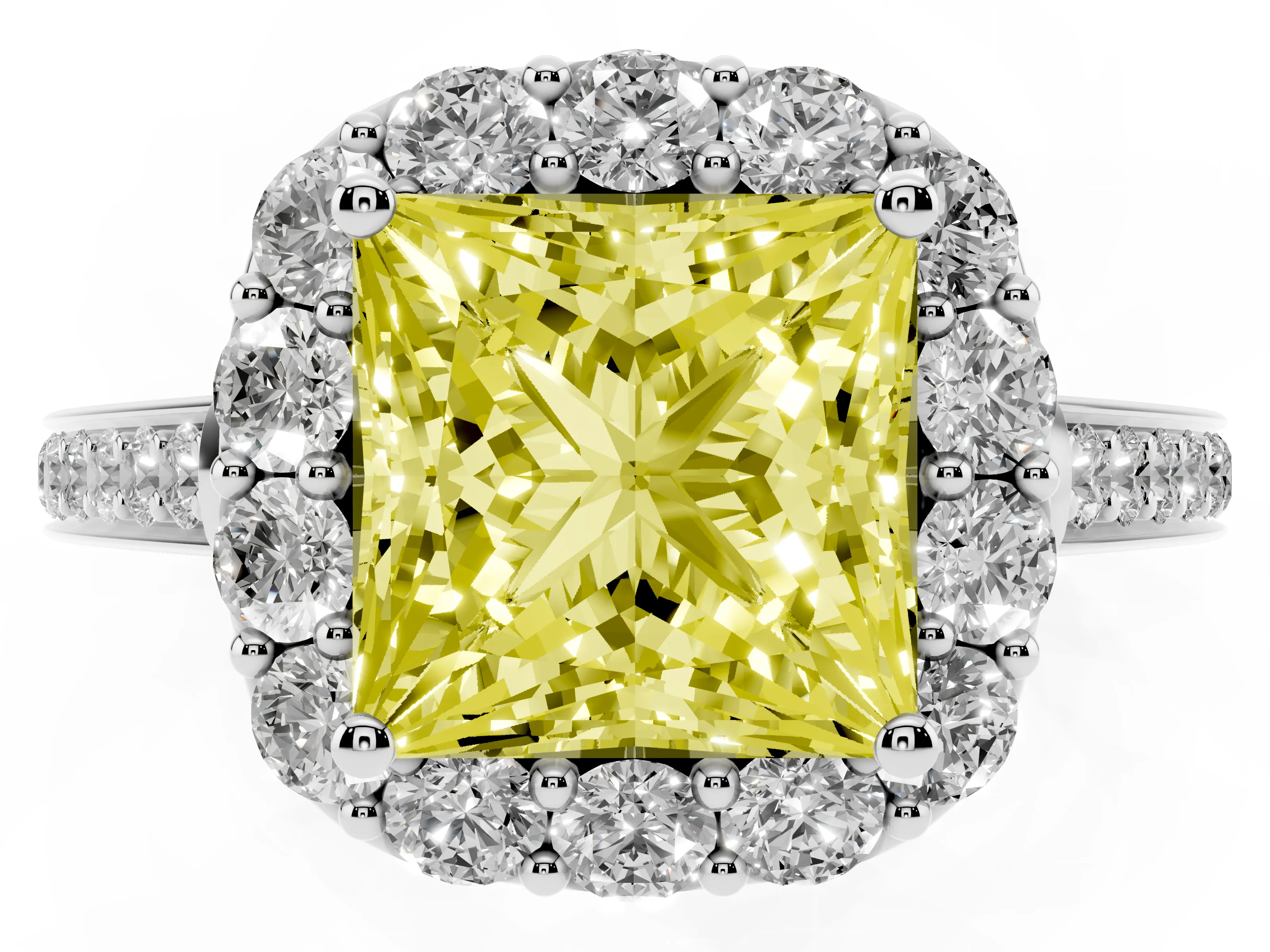 Fancy Yellow Princess Cut Diamond Floral Halo Ring Set in Platinum with Pavé Band and Prong Setting