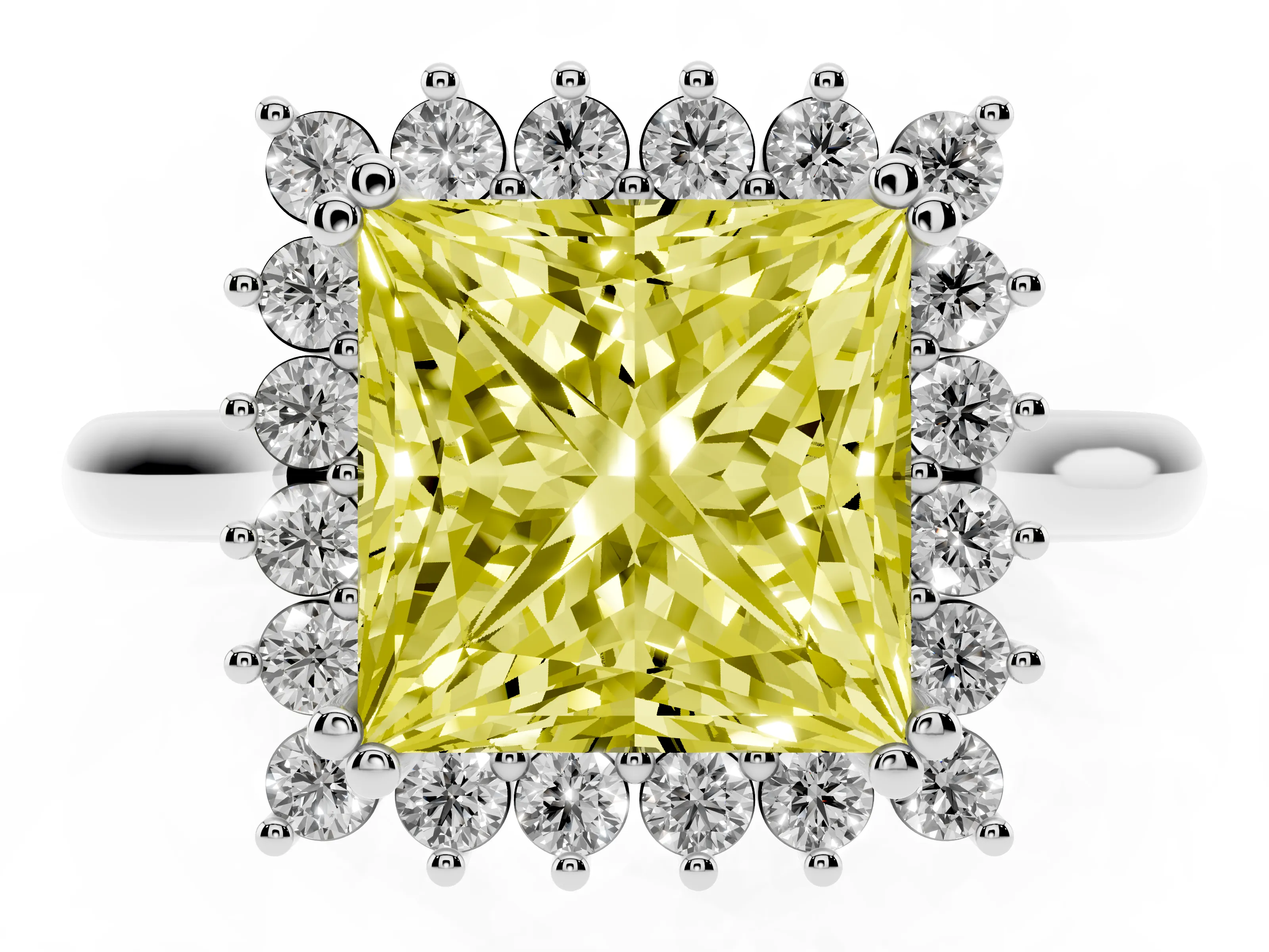 Fancy Yellow Princess Cut Diamond Halo Ring Set in Platinum with Plain Solitaire Band and Prong Setting