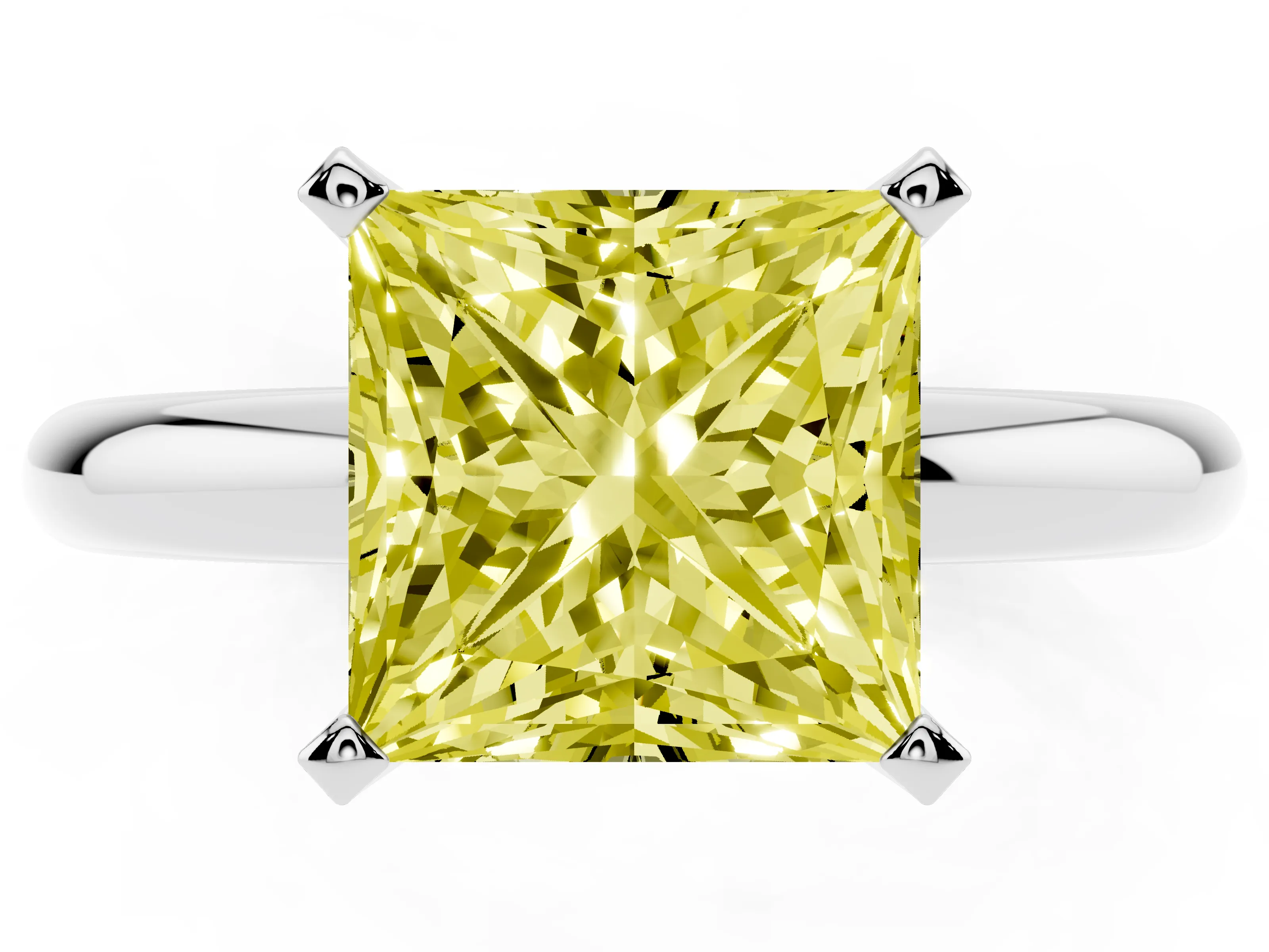 Fancy Yellow Princess Cut Diamond Solitaire Engagement Ring Set in Silver with Round Band and Prong Setting