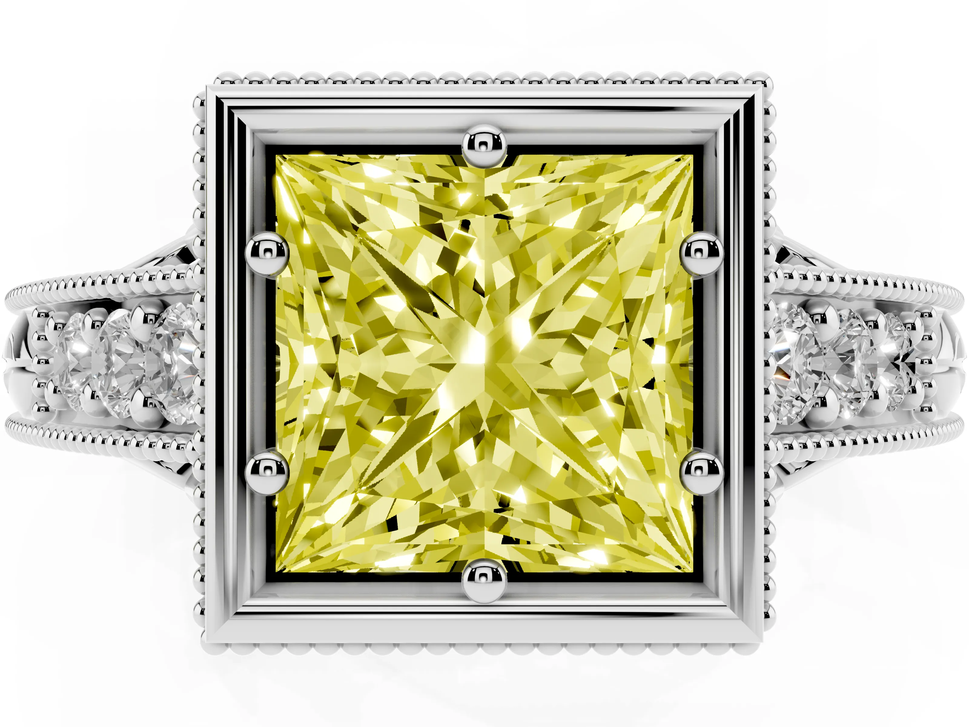 Fancy Yellow Bezel Set Princess Cut Diamond Milgrain Pavé Engagement Ring Set in Platinum
