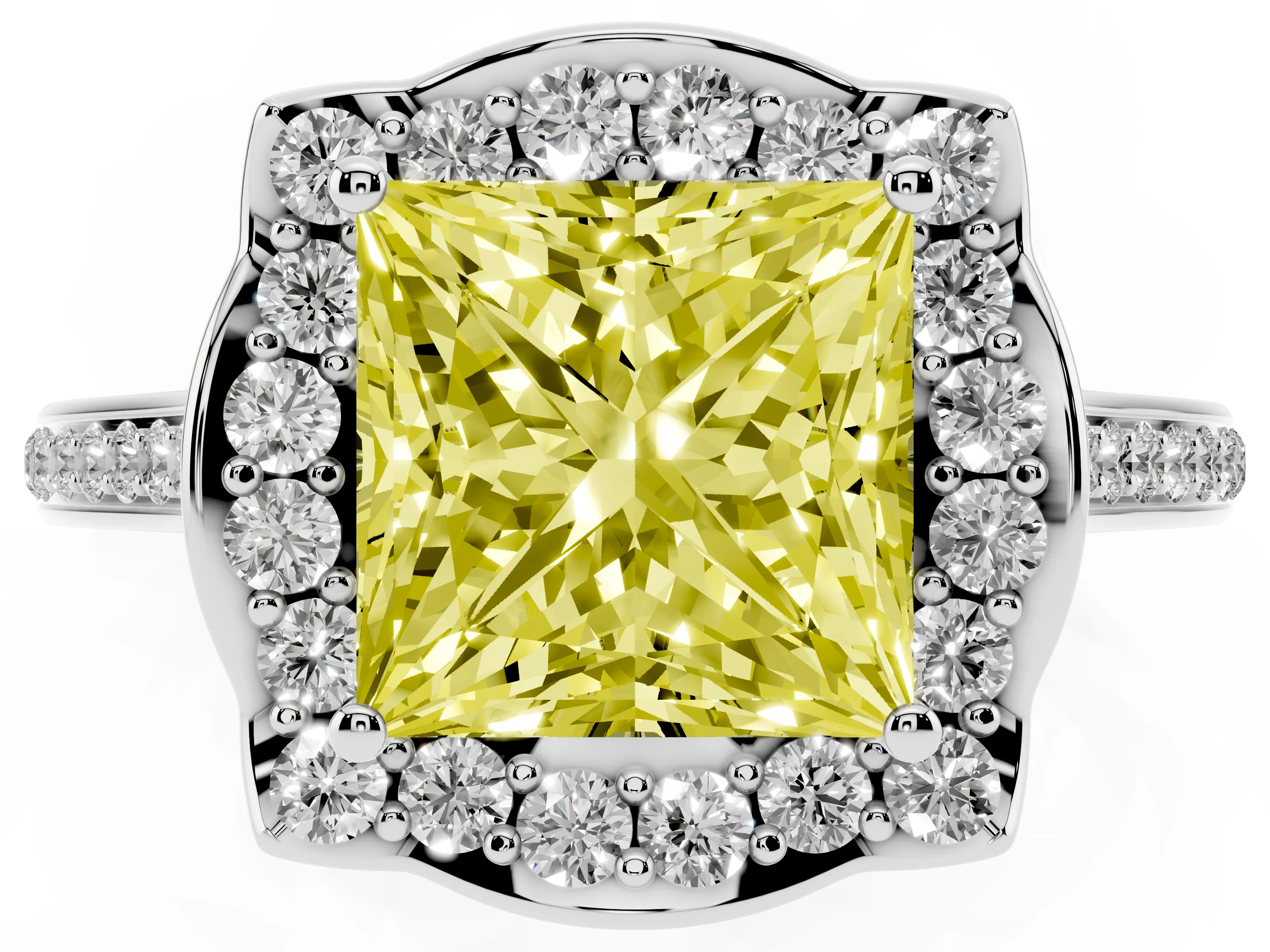 Fancy Yellow Princess Cut Diamond Halo Ring Set in White gold with Pavé-Lined Shoulders and Prong Setting