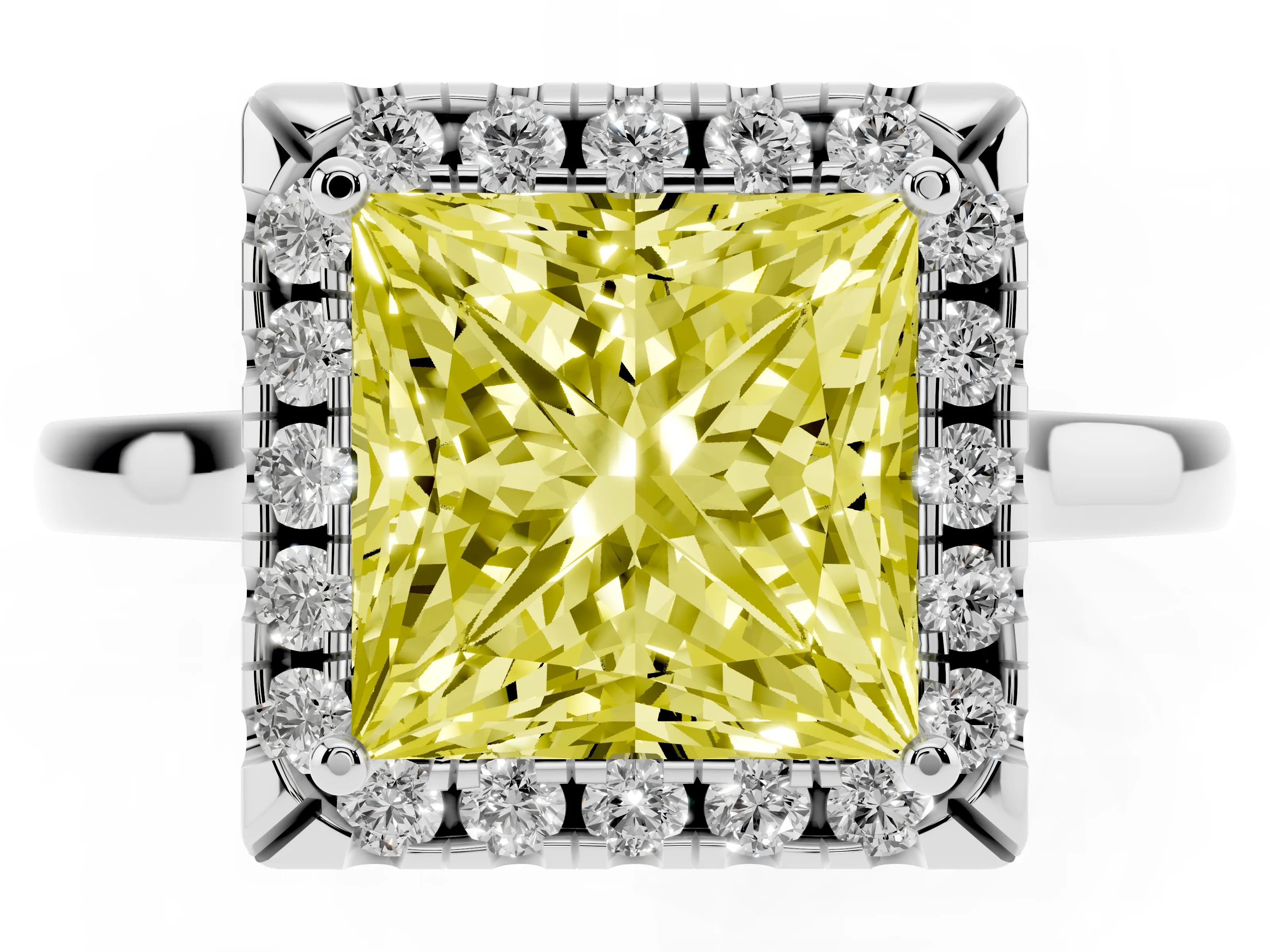 Fancy Yellow Princess Cut Halo Round Diamond Solitaire Ring Set in Platinum with Pavé Band and Prong Setting