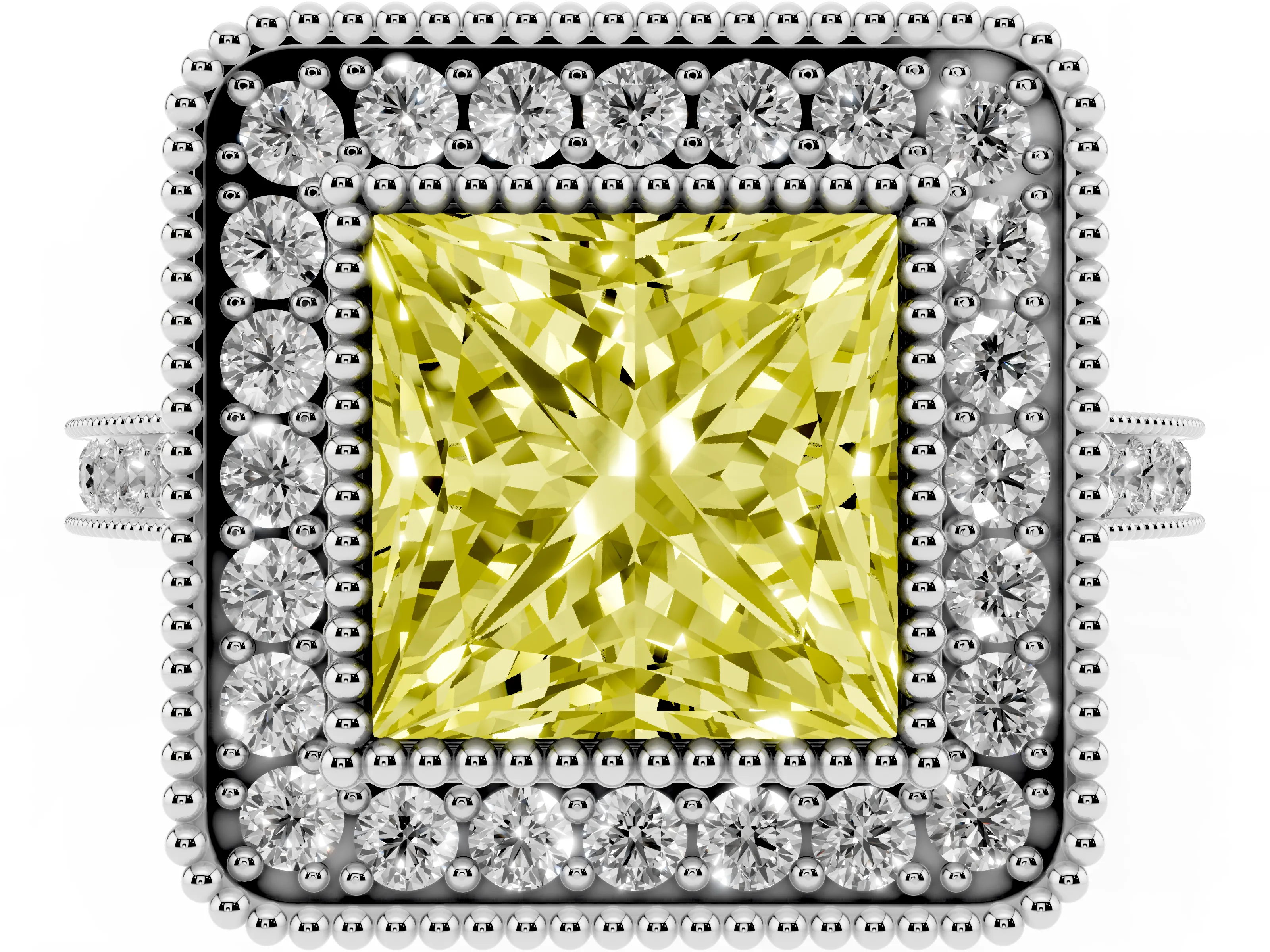 Fancy Yellow Princess Cut Diamond Halo Ring Set in White gold with Milgrain Frame and Pavé Band
