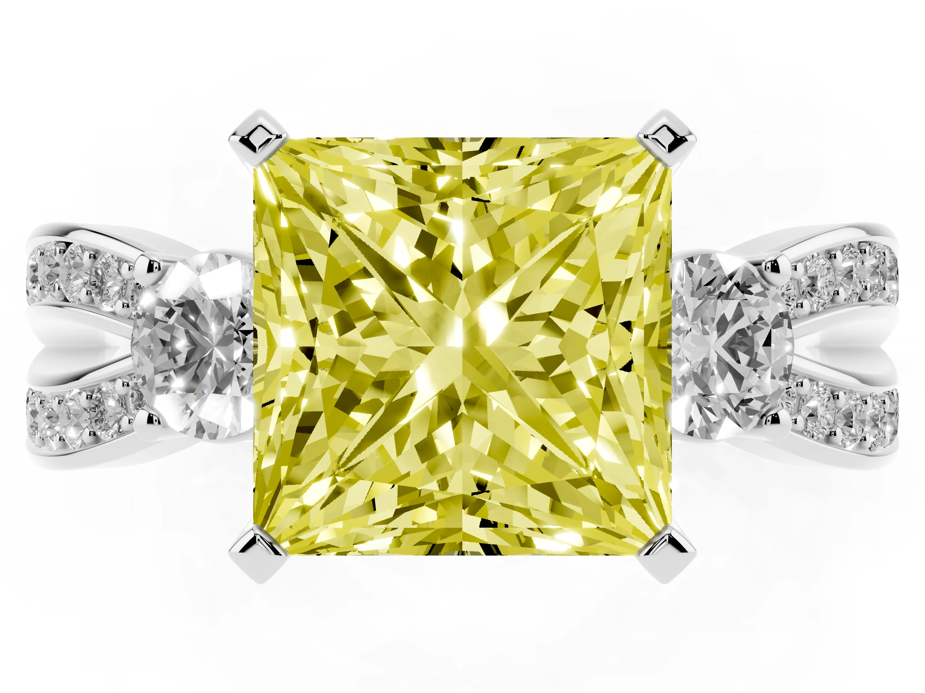 Fancy Yellow Three-Stone Princess Cut Diamond Twist Band Ring Set in Silver with Pavé Accents and Prong Setting