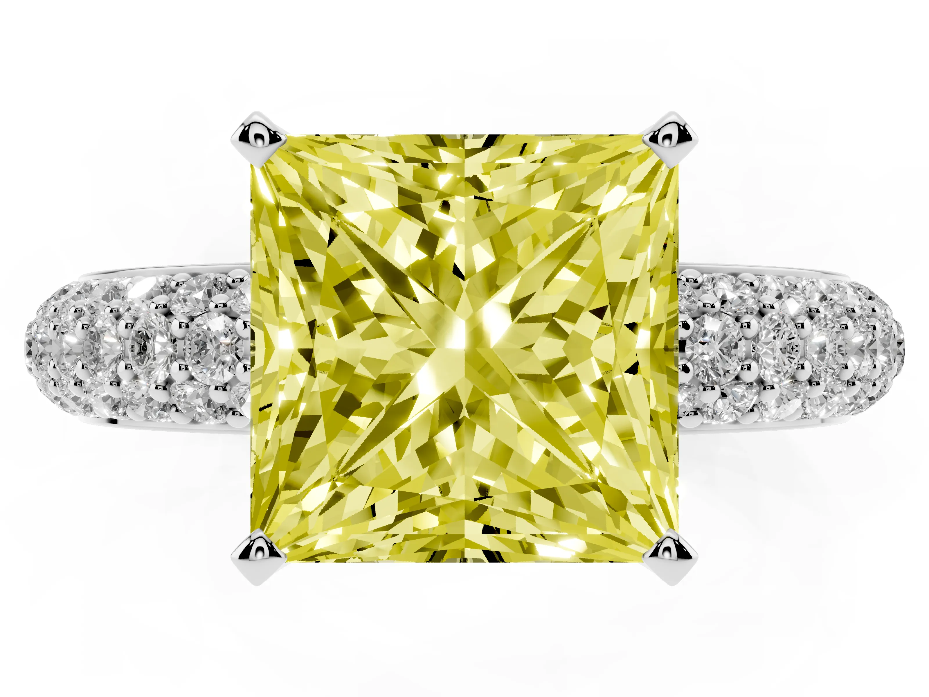 Fancy Yellow Princess Cut Diamond Solitaire Ring Set in Platinum with Prong Setting and Pavé-Set Band