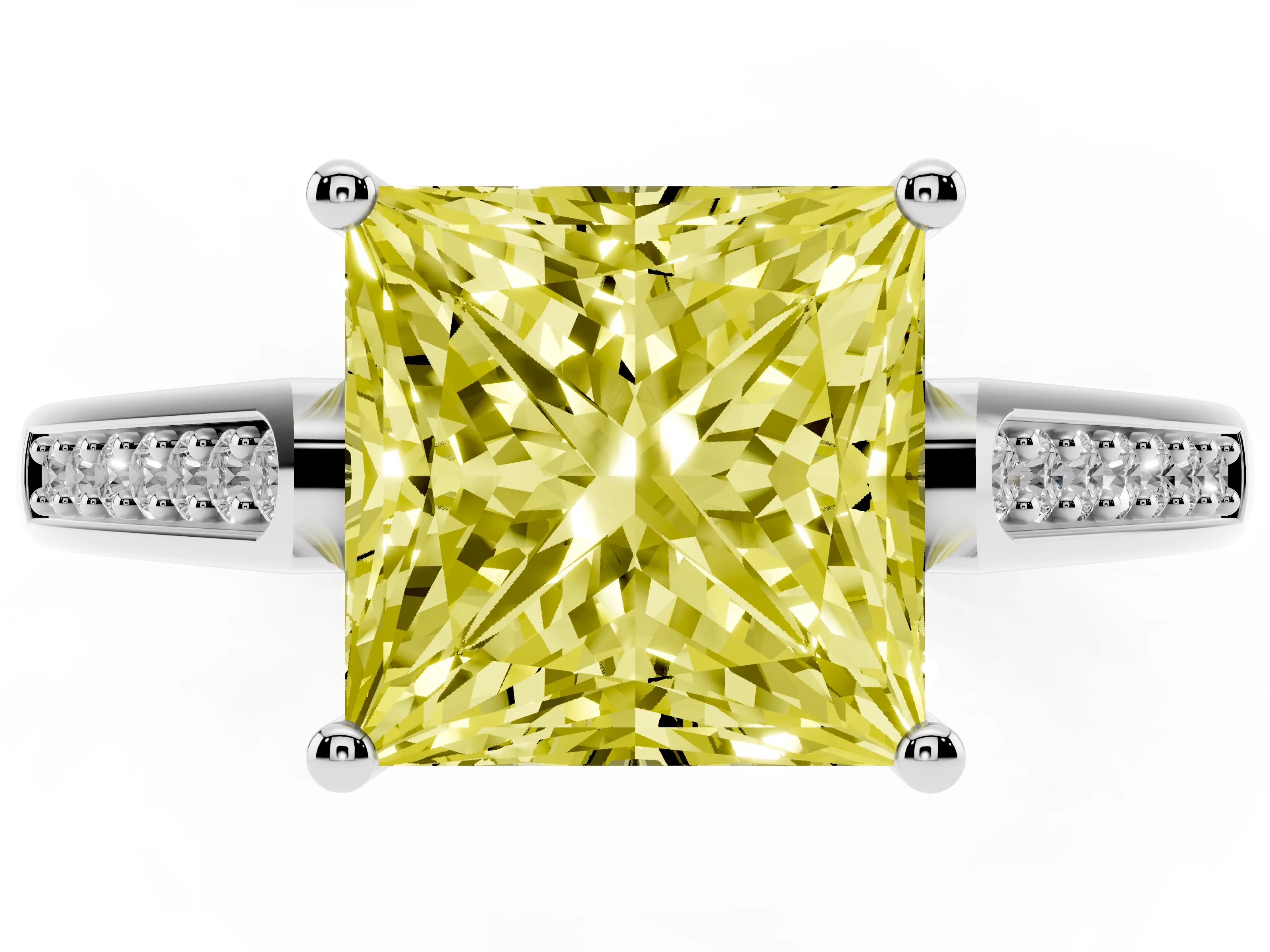 Fancy Yellow Princess Cut Diamond Solitaire Cathedral Engagement Ring Set in Platinum with Channel-Set Band and Prong Setting
