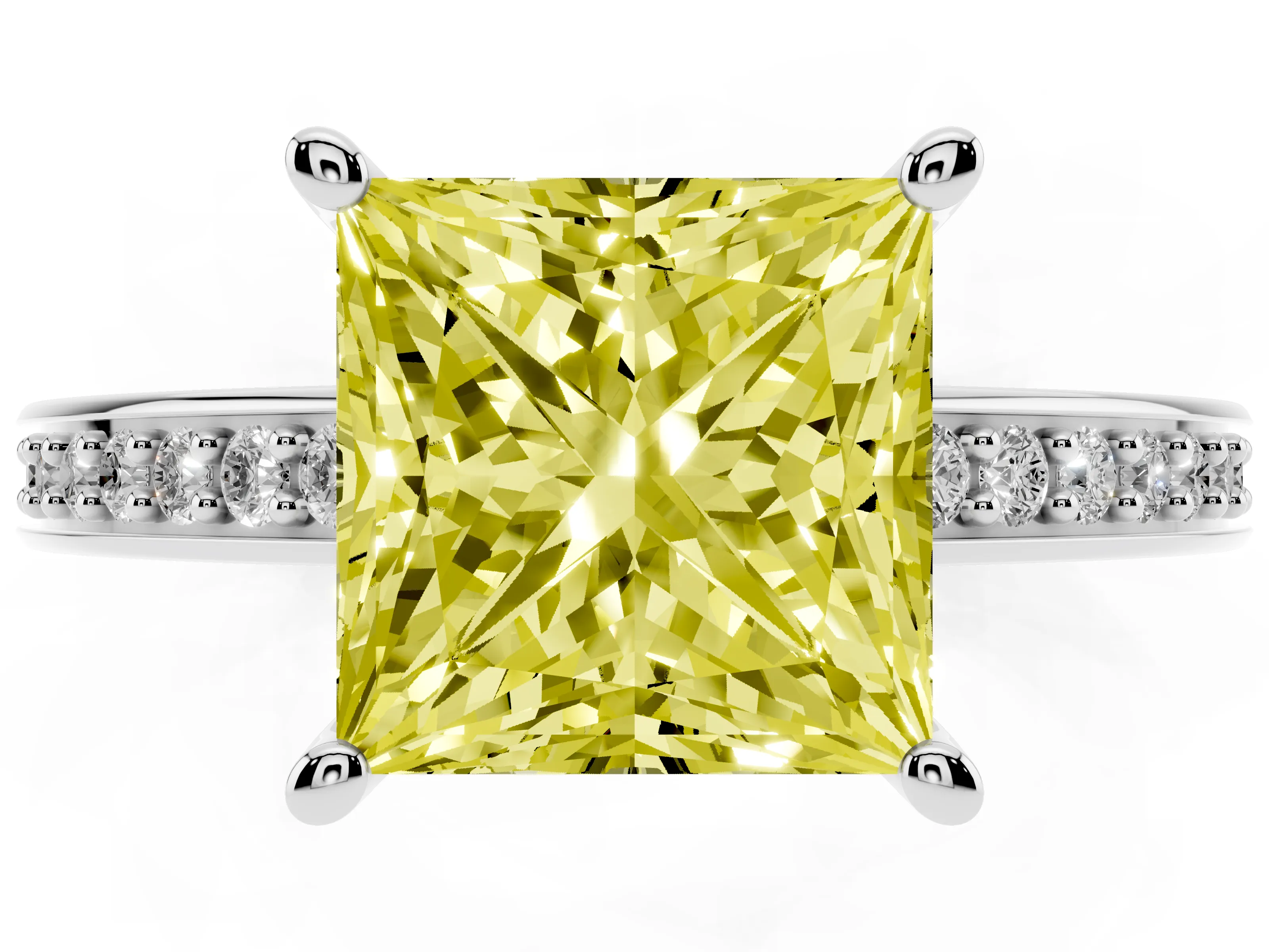 Fancy Yellow Princess Cut Diamond Pavé Band Prong Set Solitaire Ring Set in Platinum