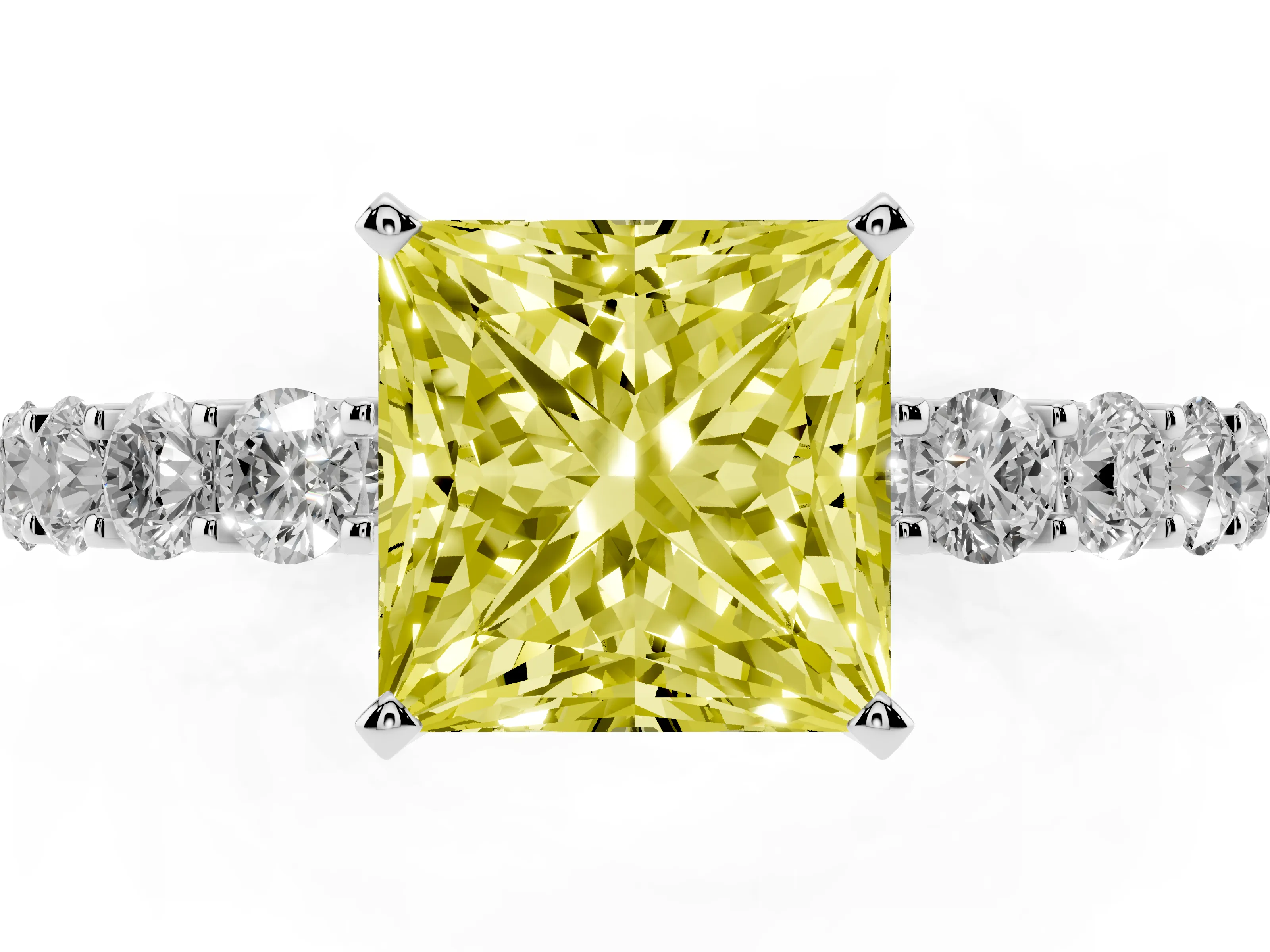 Fancy Yellow Princess Cut Diamond Solitaire Ring Set in Silver with Shared Prong Pavé Band