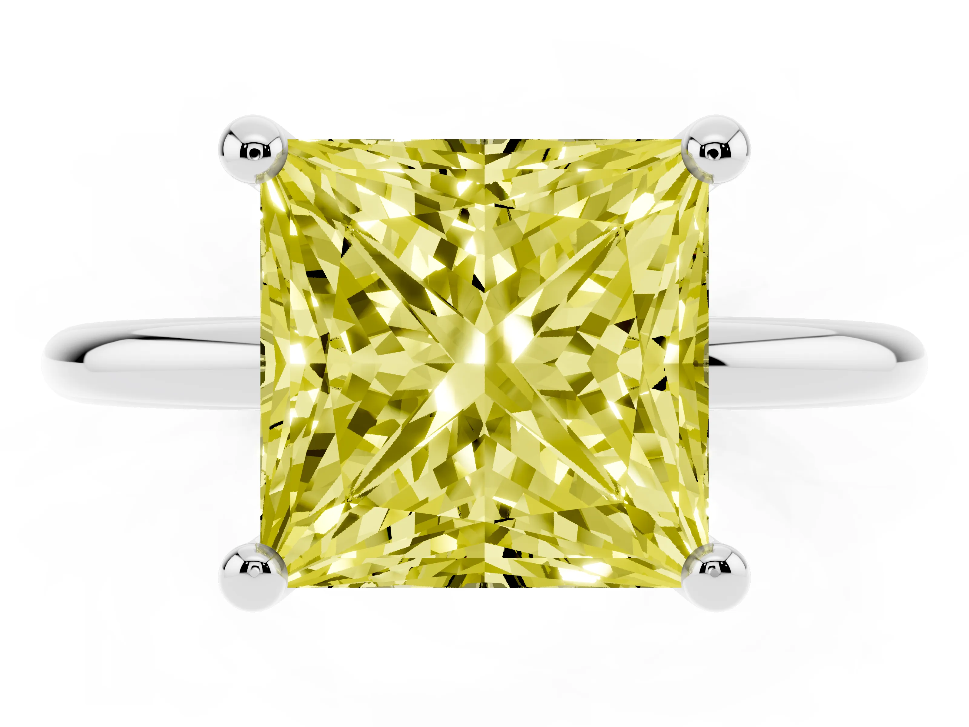 Fancy Yellow Princess Cut Diamond Solitaire Ring Set in White gold with Secure Prong Setting on a Classic Band