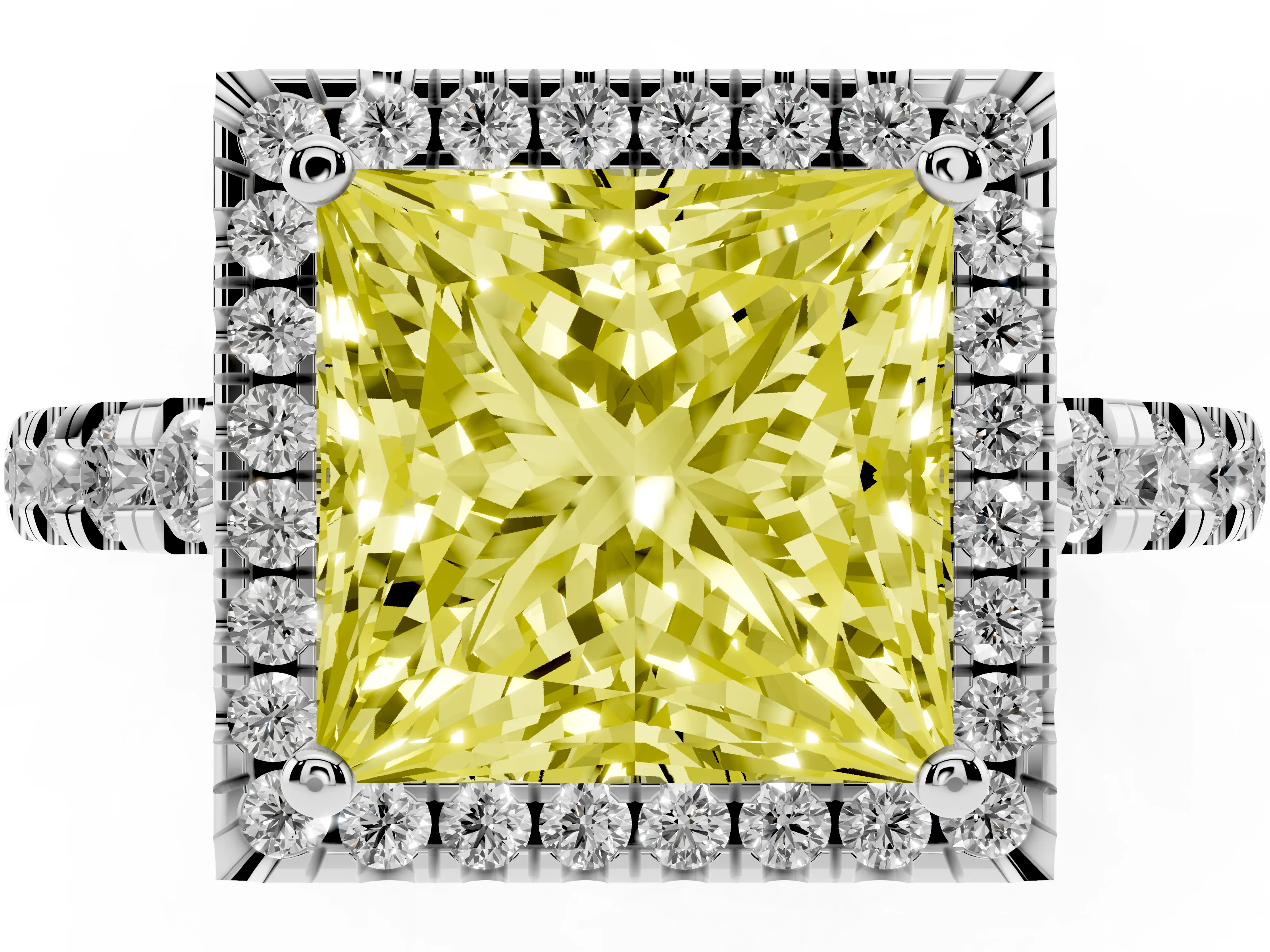 Fancy Yellow Princess Cut Diamond Halo Ring Set in Silver with Delicate Pavé Band and Prong Setting