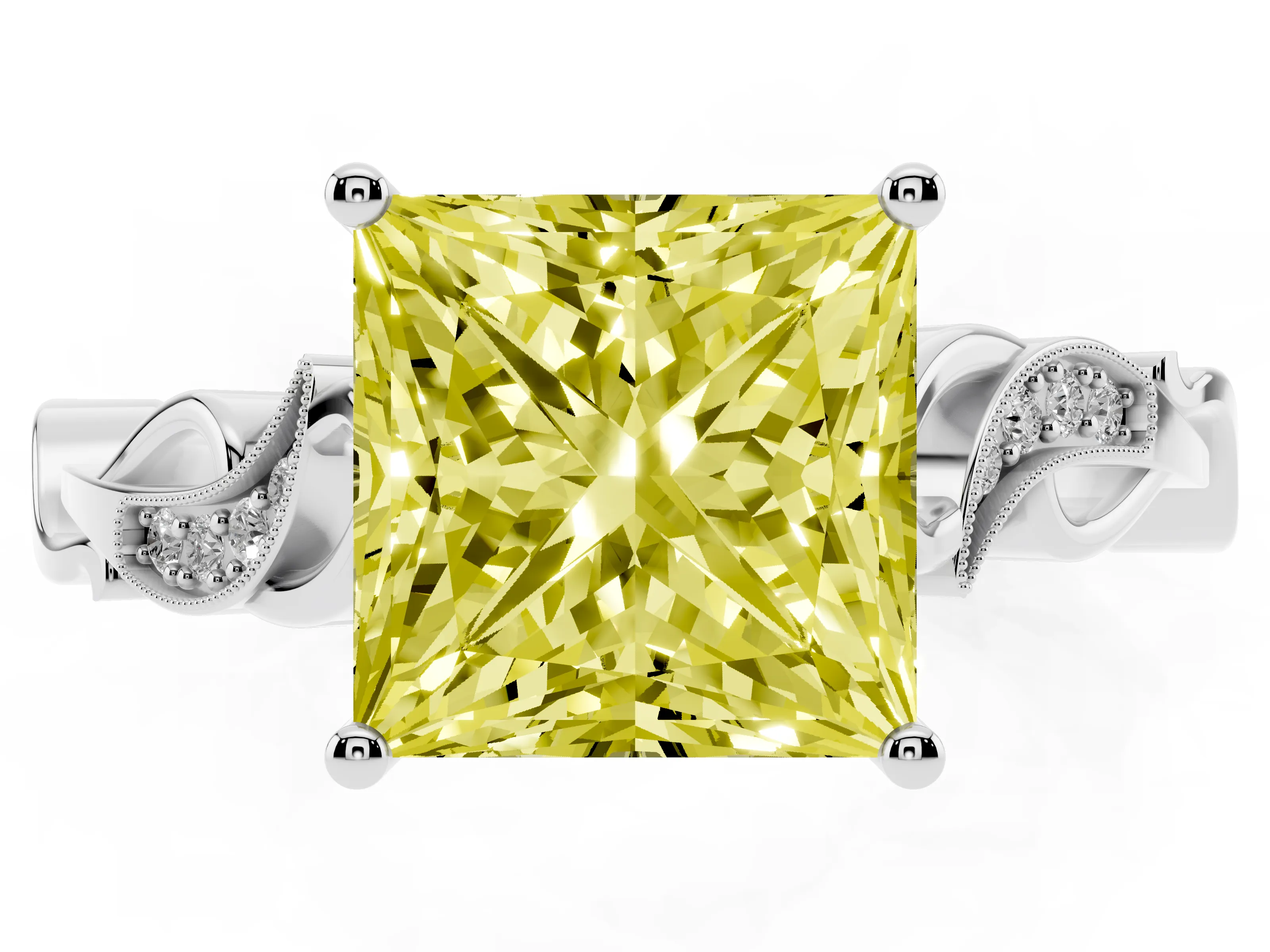 Fancy Yellow Princess Cut Diamond Vine Band Solitaire Ring Set in White gold with Milgrain Prong Setting