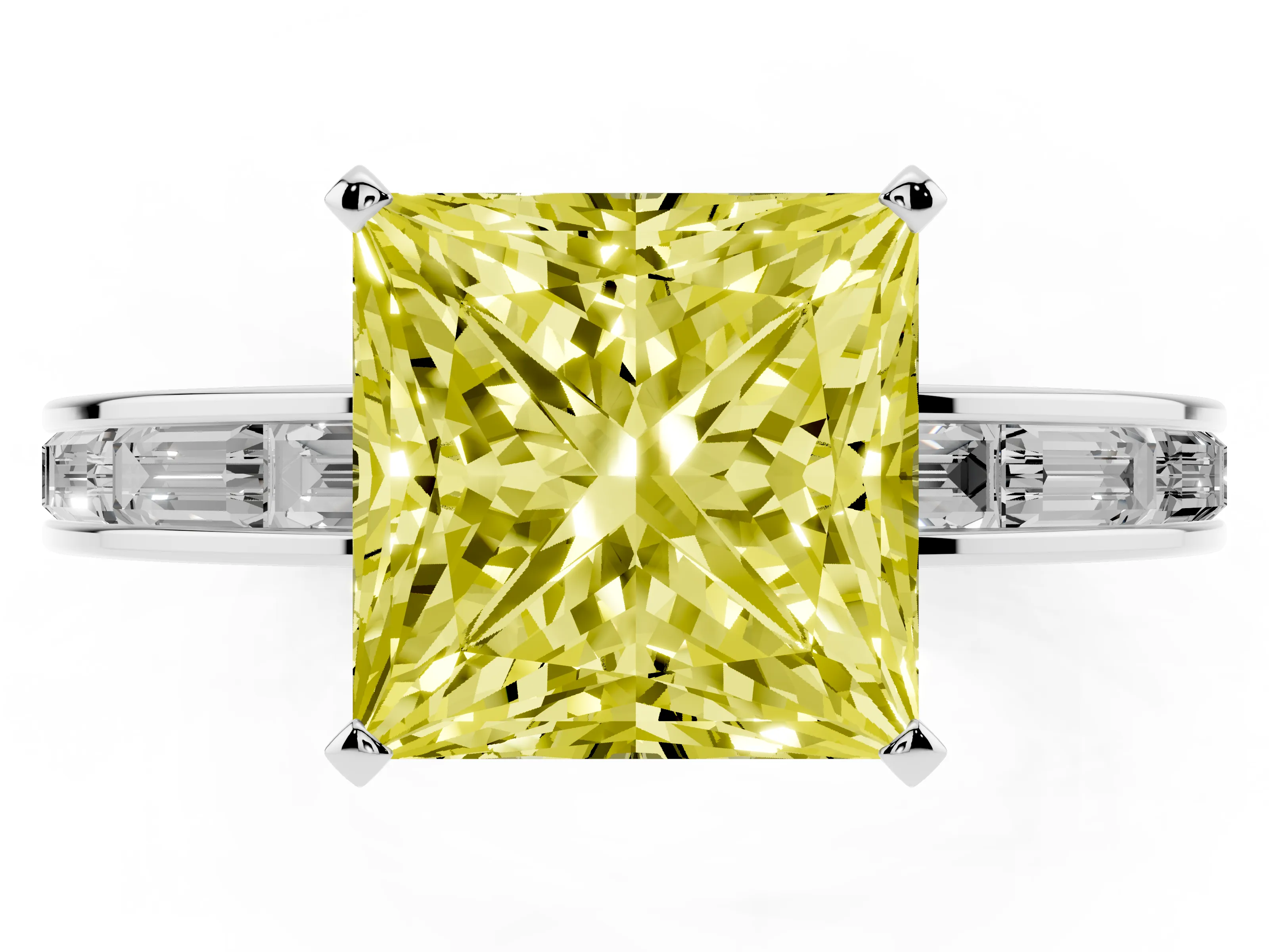 Fancy Yellow Princess Cut Diamond Solitaire Ring Set in Silver with Channel-Set Baguette Band and Prong Setting